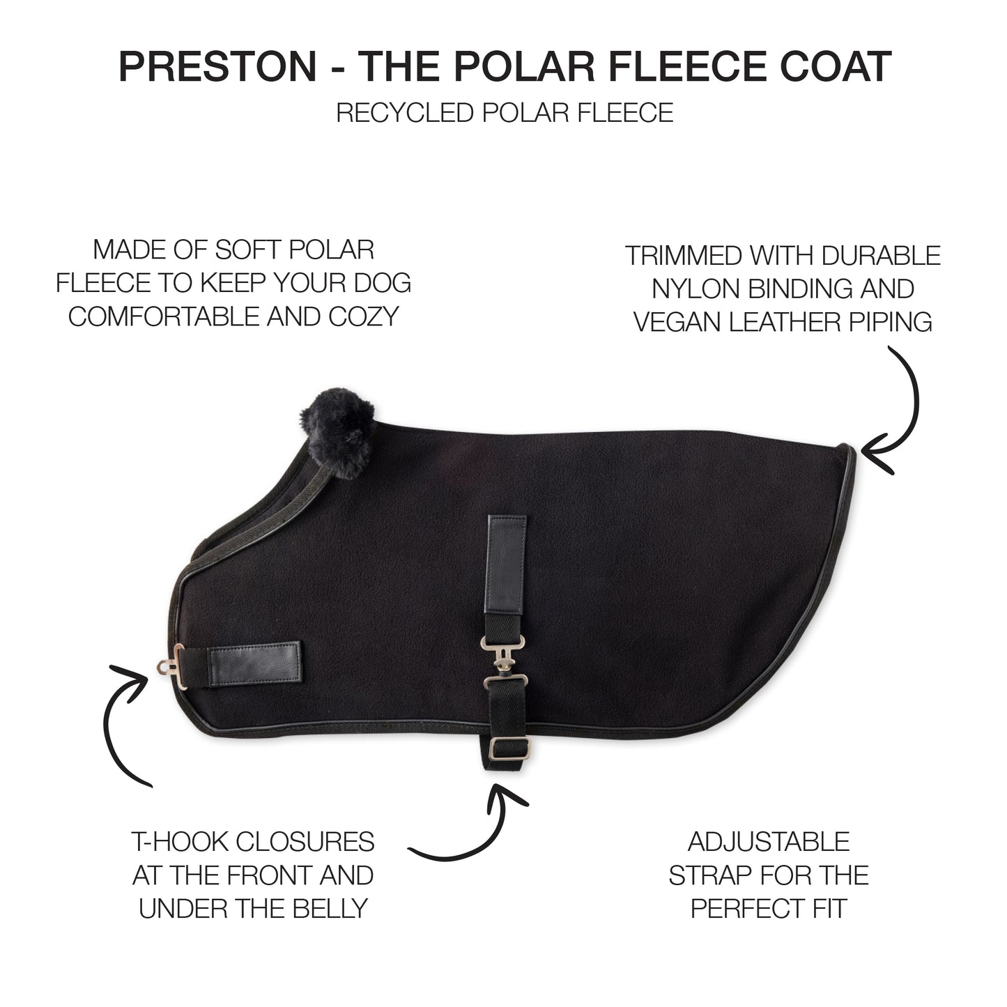 Polar fleece dog coat with features highlighted on a white background