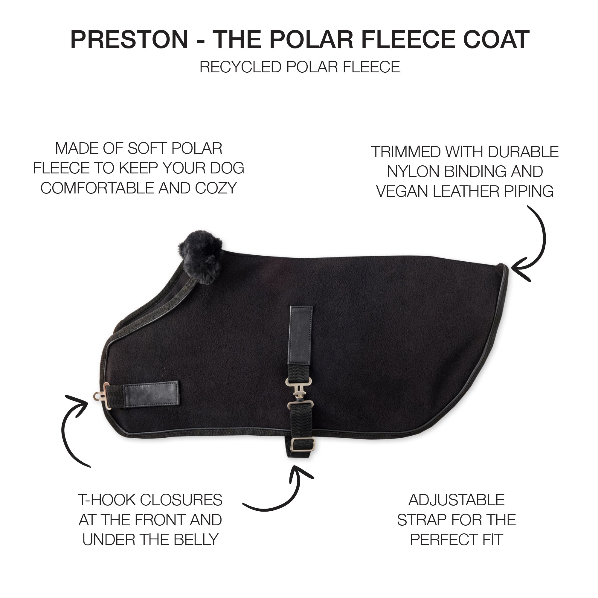 Polar fleece dog coat with features highlighted on a white background