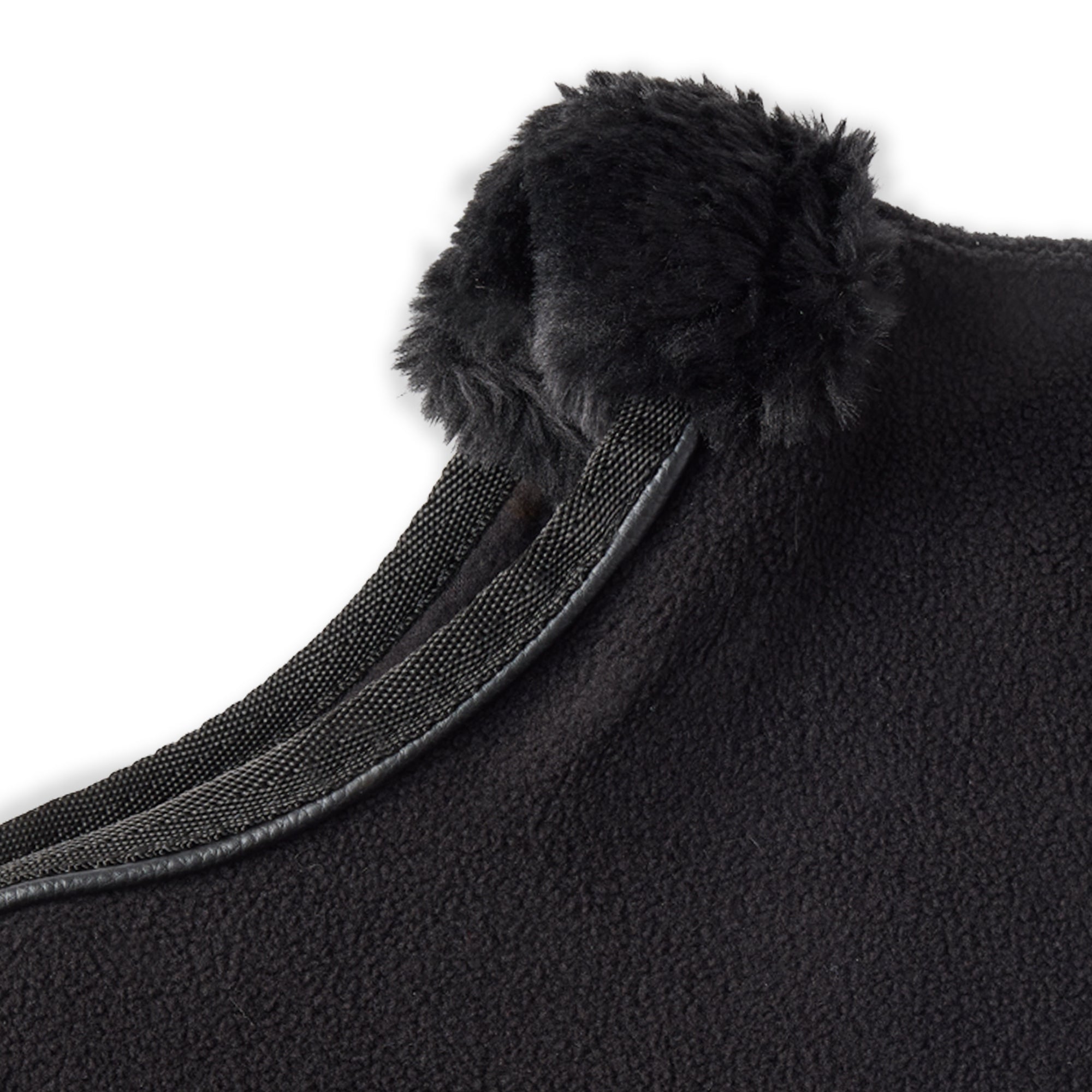 Pet Passion Preston II polar fleece dog coat in Black — close-up detail of fleece fabric and reflective trim