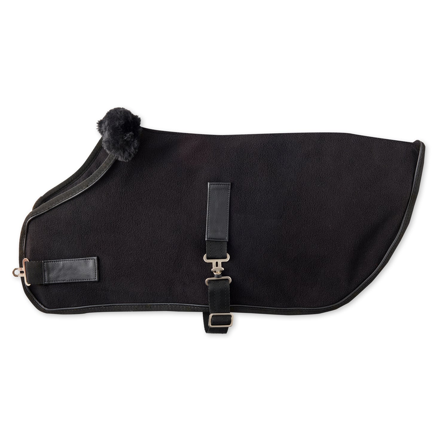 Black dog coat with straps and pom-poms on a white background
