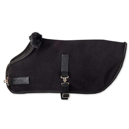 Black dog coat with straps and pom-poms on a white background