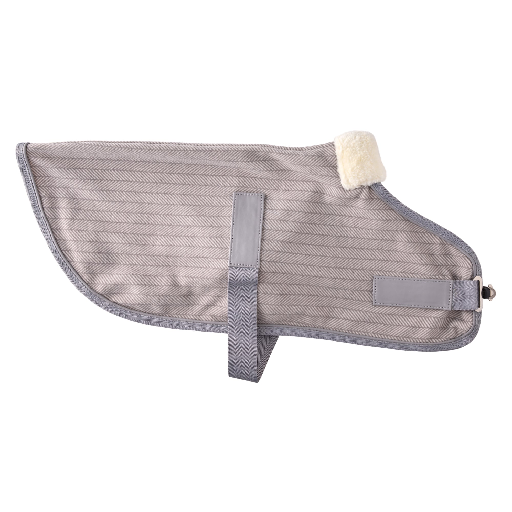 Grey striped dog fleece on a white background