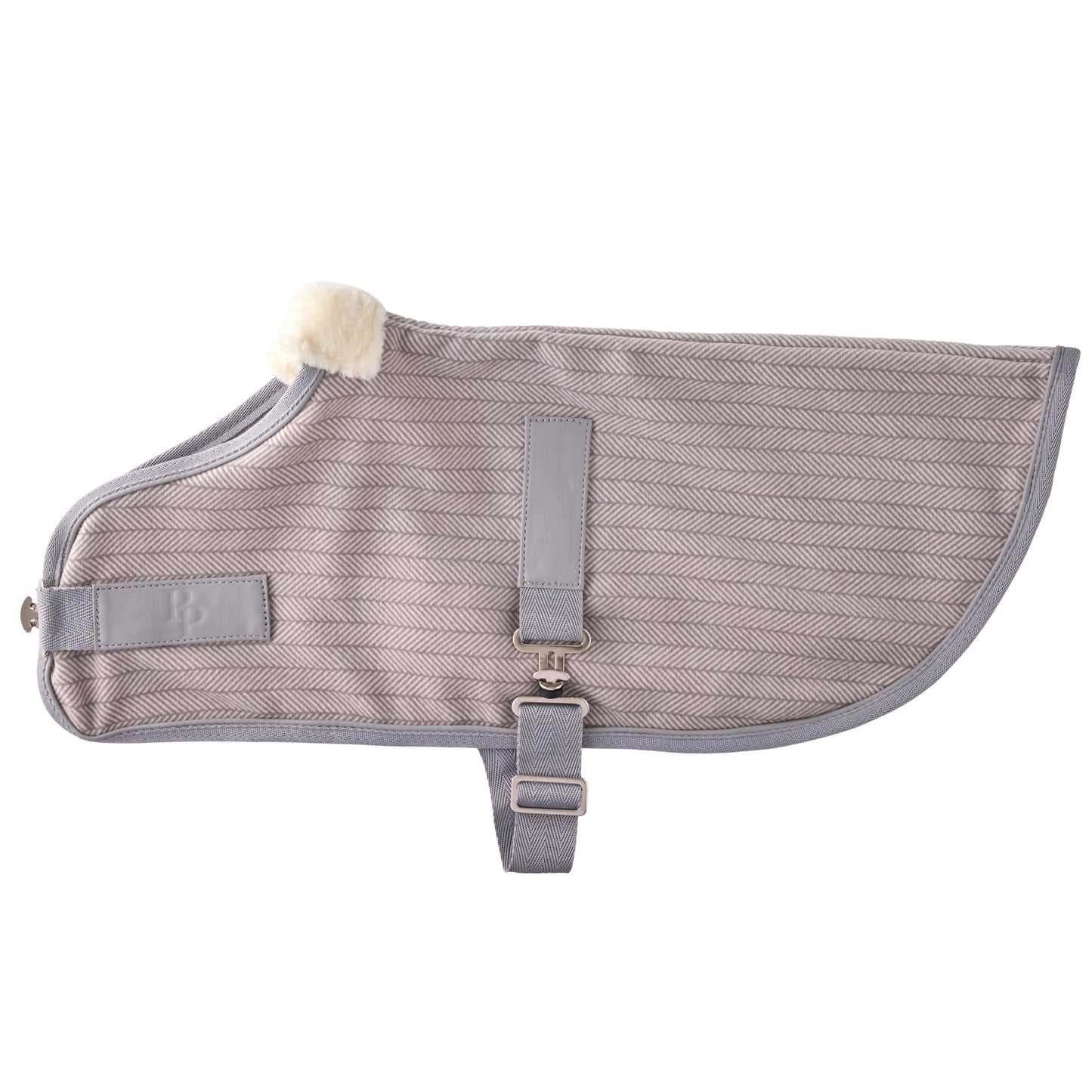 Grey striped Preston dog fleece on a white background