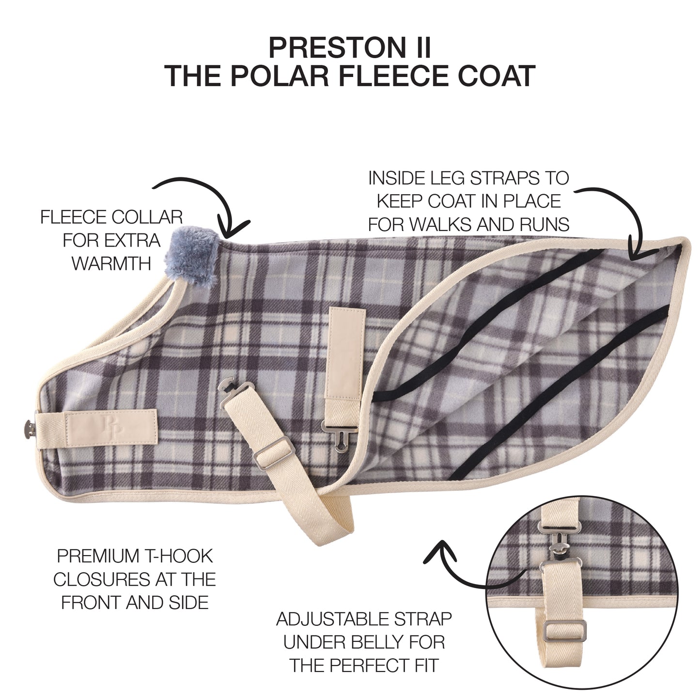 dog fleece with Preston II label and product descriptions surrounding it 
