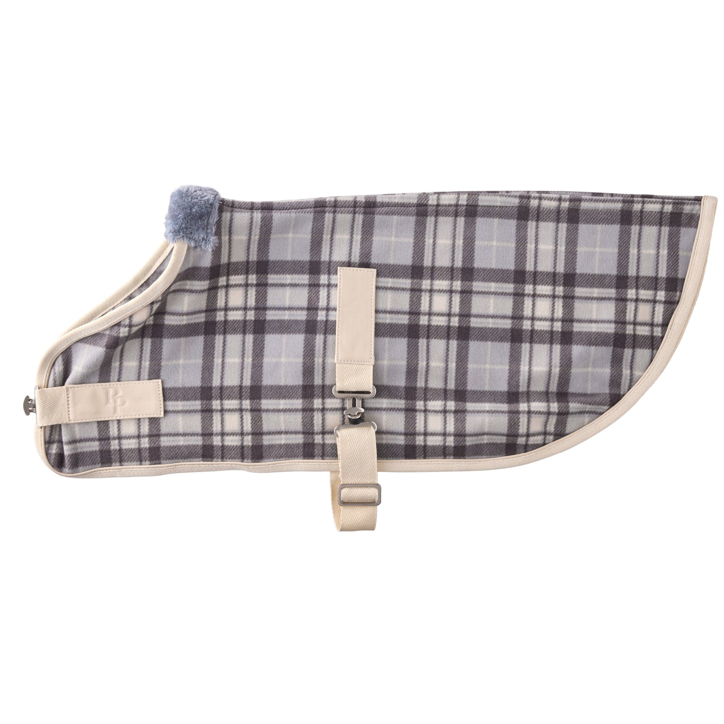 Grey Plaid Preston dog fleece on a white background