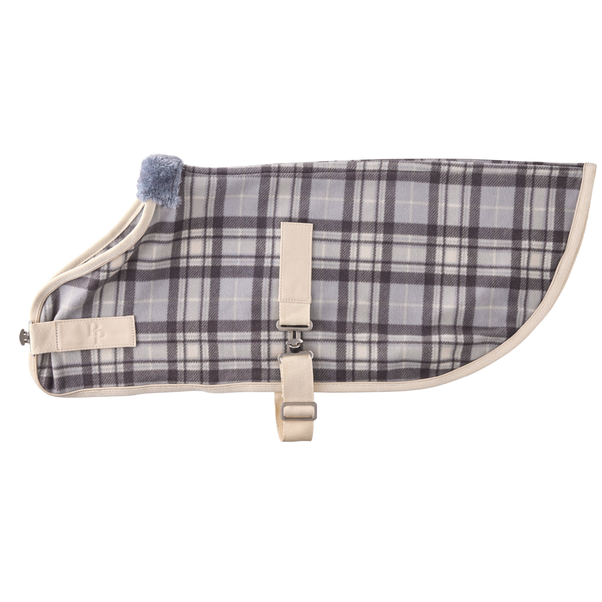 Grey Plaid Preston dog fleece on a white background