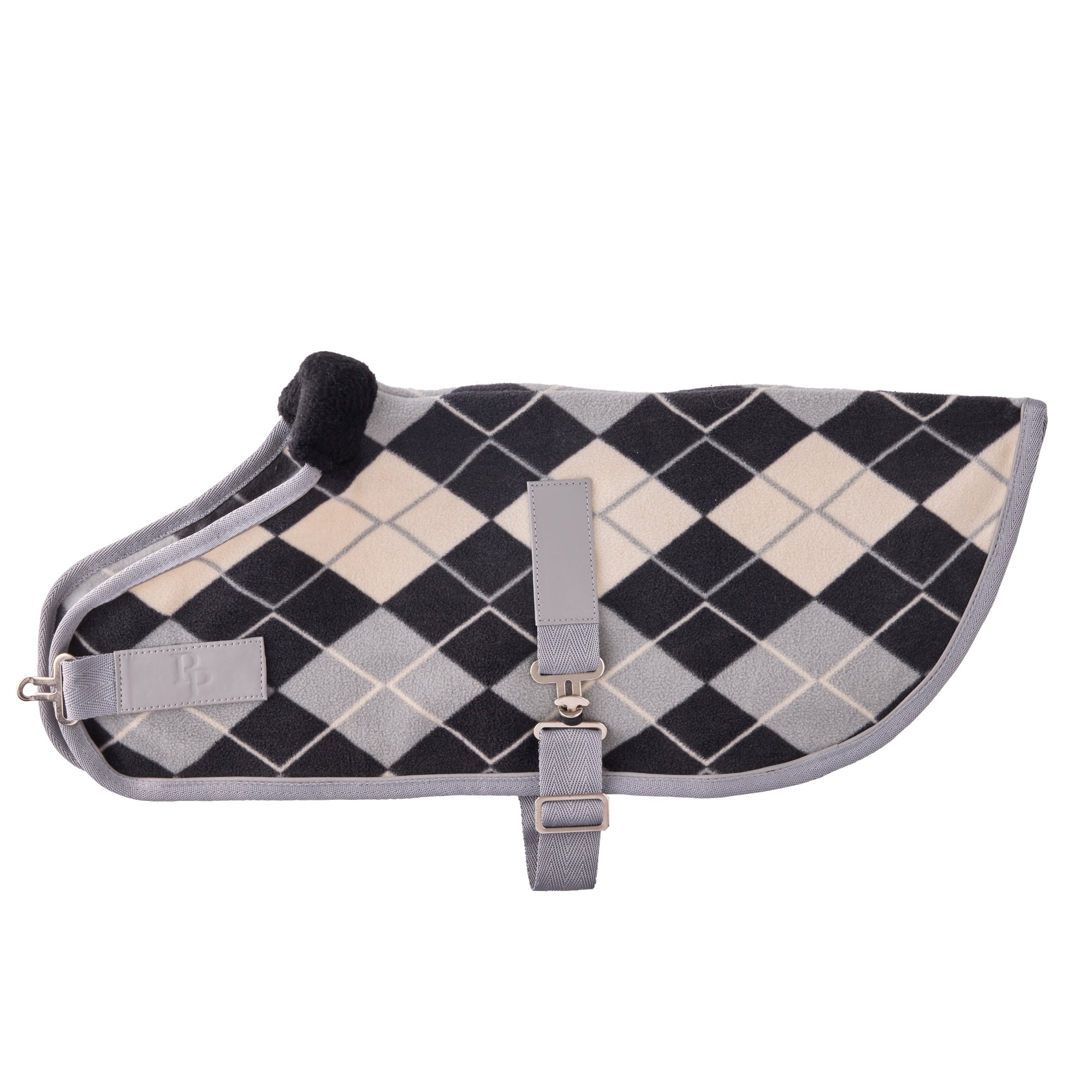 Black and Grey Preston dog coat on a white backgrounf