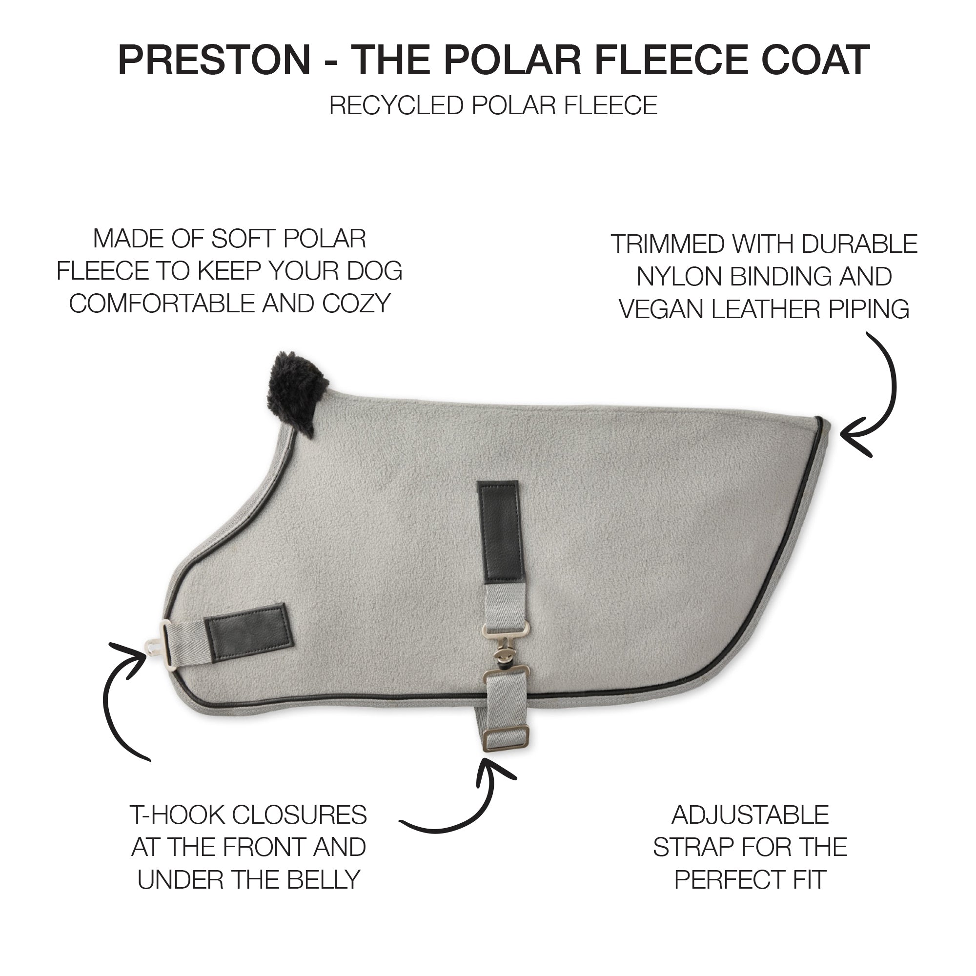 Polar fleece coat for dogs with features highlighted on a white background