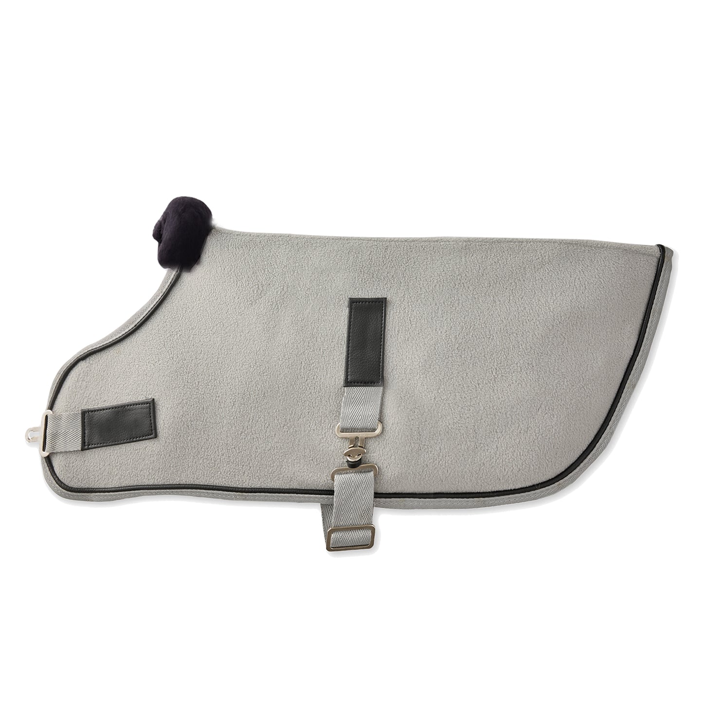 Gray dog coat with black straps on a white background