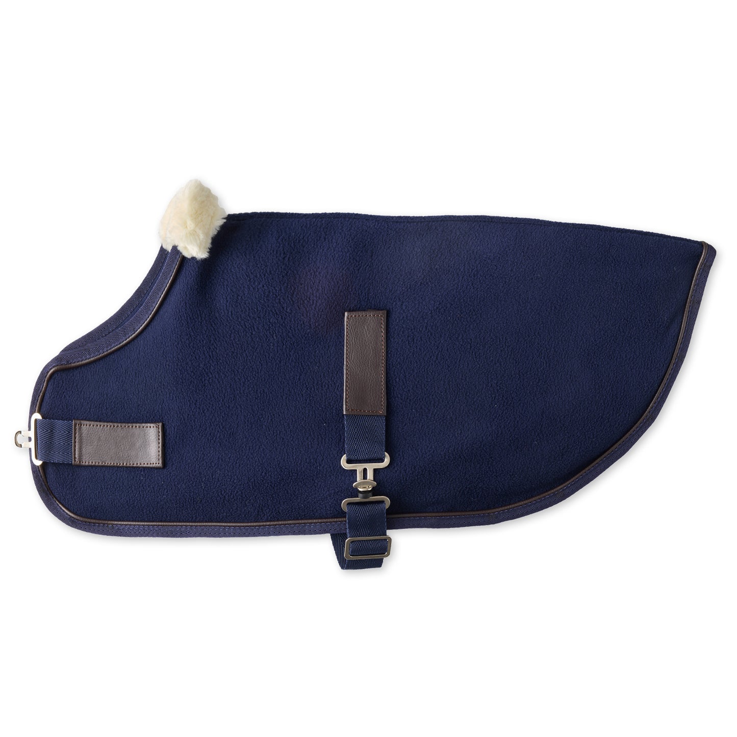 Navy blue dog coat with a white pom-pom on a white background