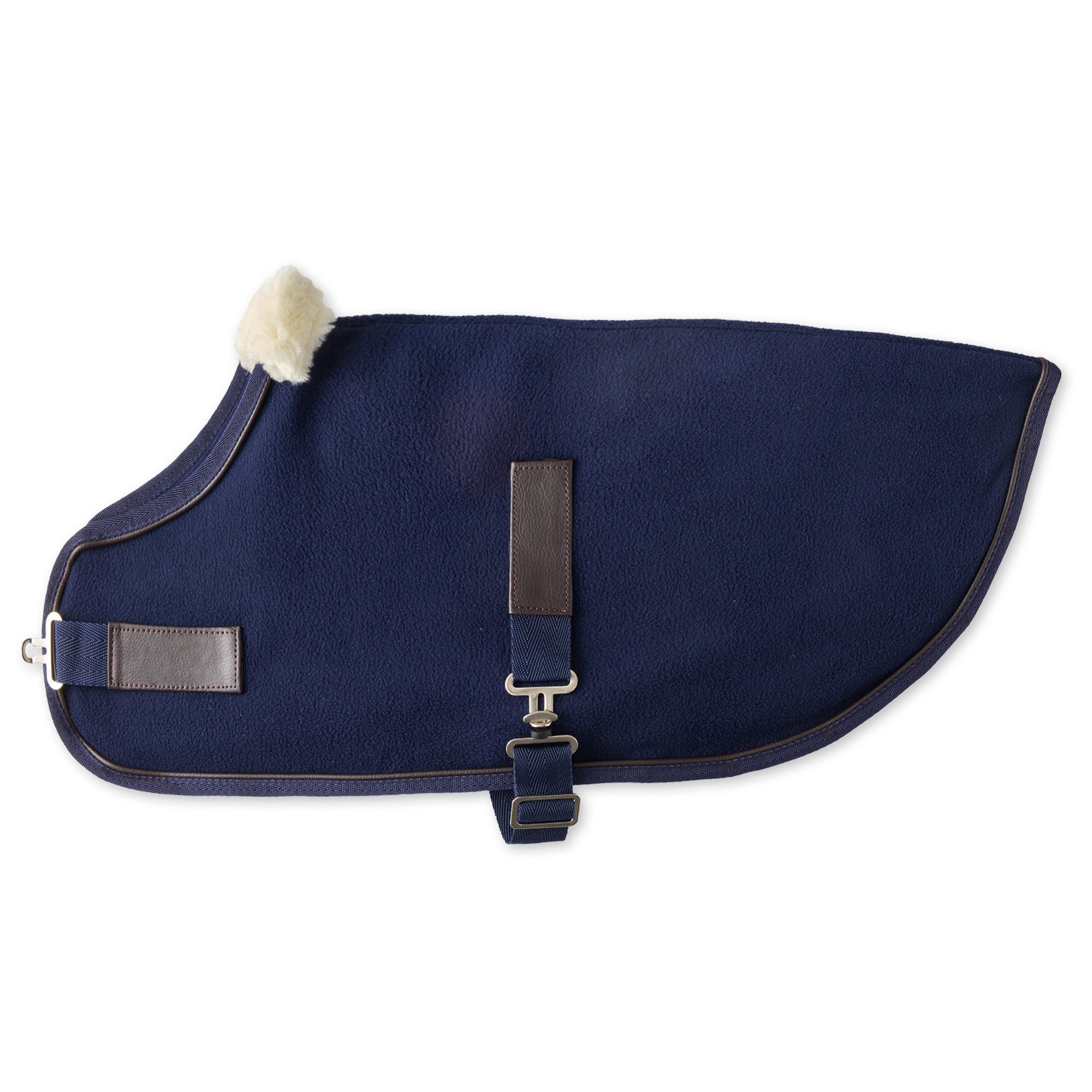 Navy blue dog coat with a white pom-pom on a white background