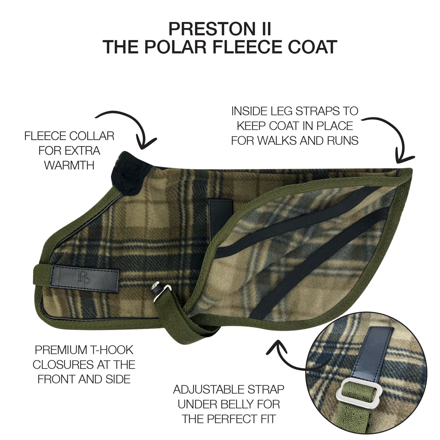 Fleece dog coat with product descriptions and Preston II title on the top