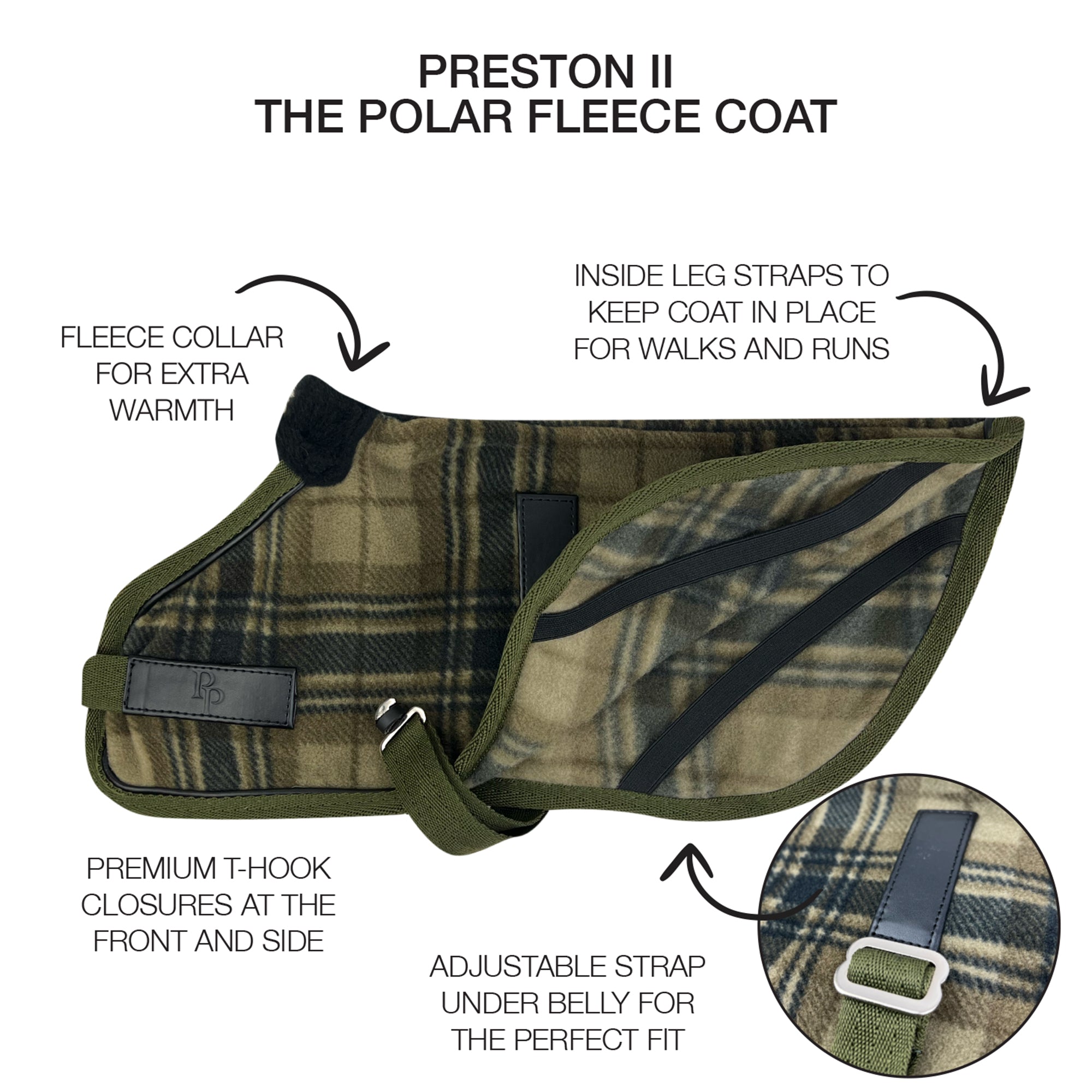 Fleece dog coat with product descriptions and Preston II title on the top