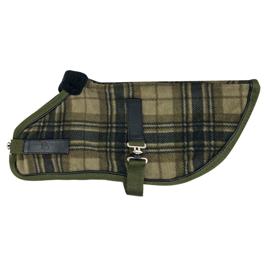 Dog fleece coat in Olive Chesterfield Plaid on a white background