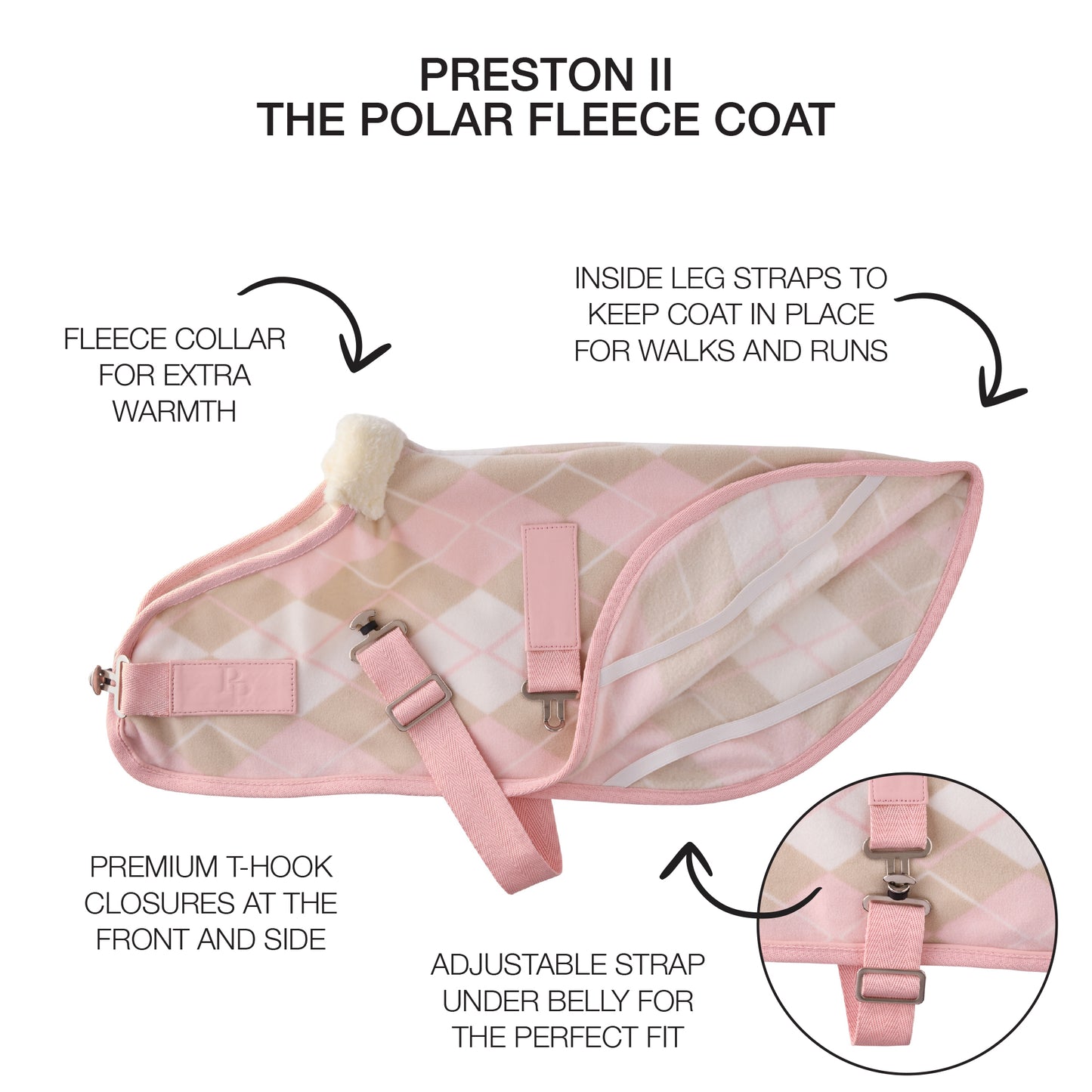Pink and Beige dog coat with PRESON II title and product descriptions