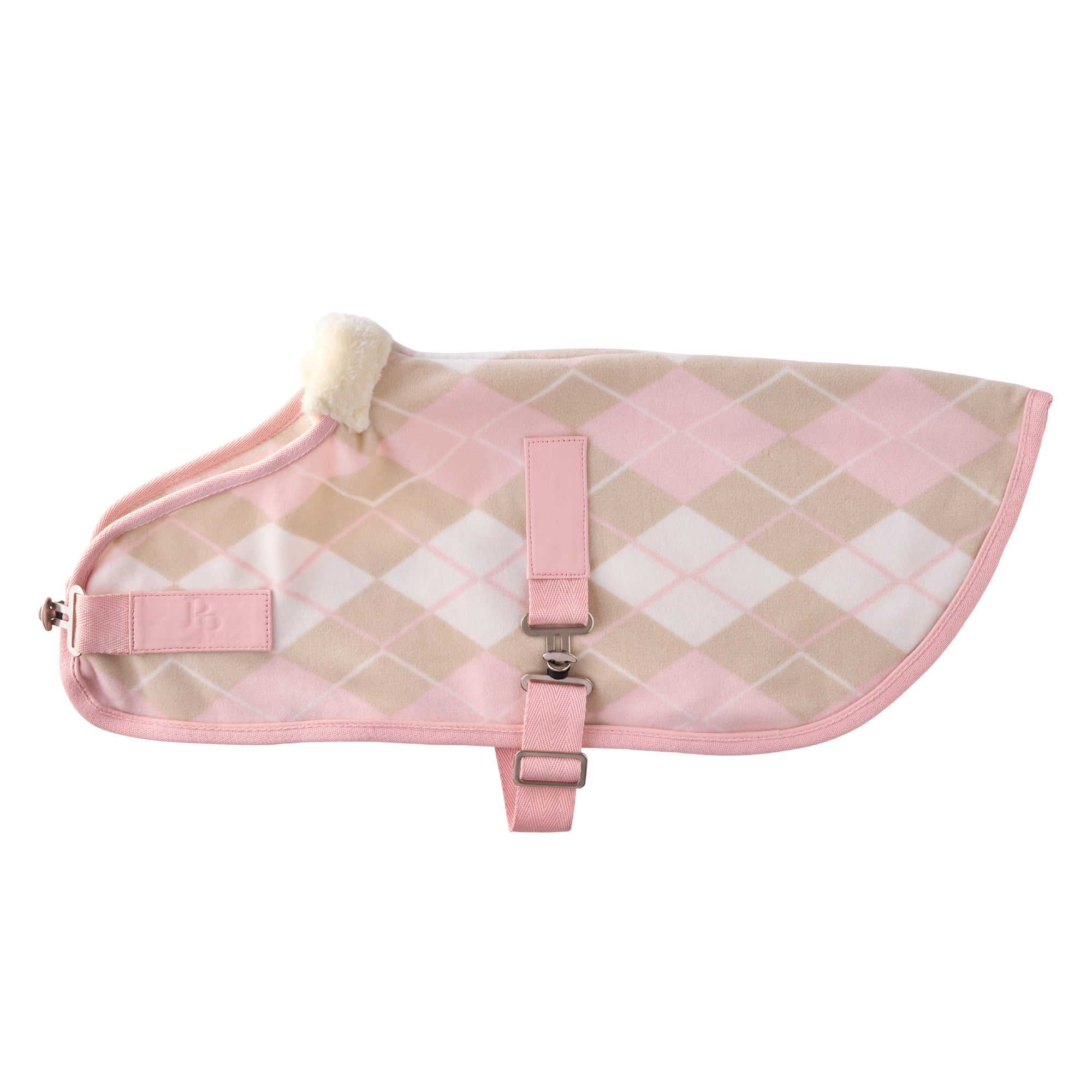 pink and beight dog coat on a white background