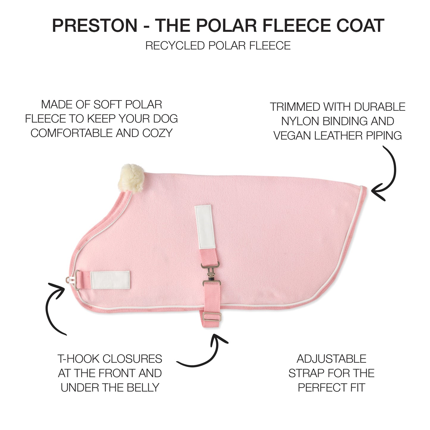 Pink dog coat with text describing features on a white background