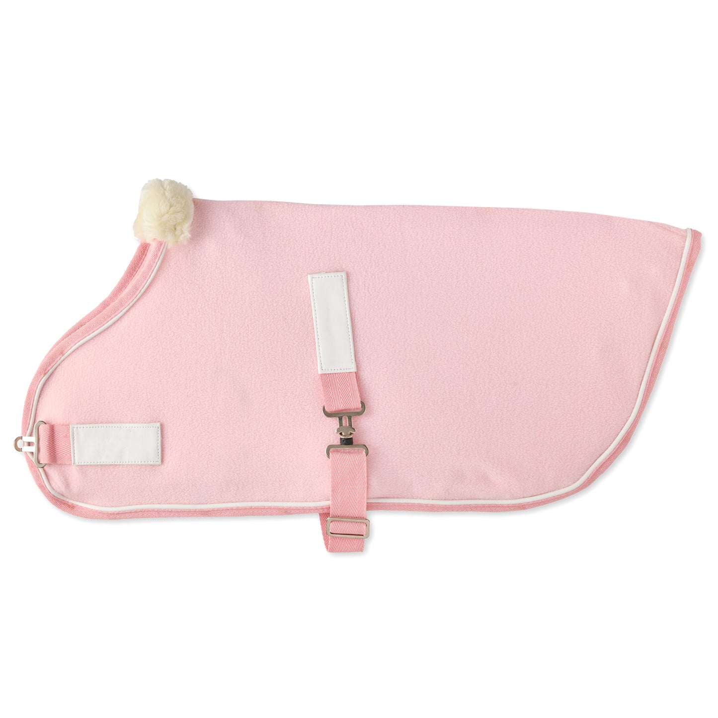 Pink dog coat with a white strap and pom-pom on a white background