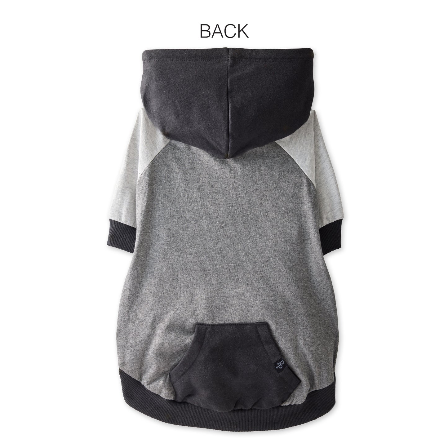 Gray and black hoodie with a visible brand logo on a white background