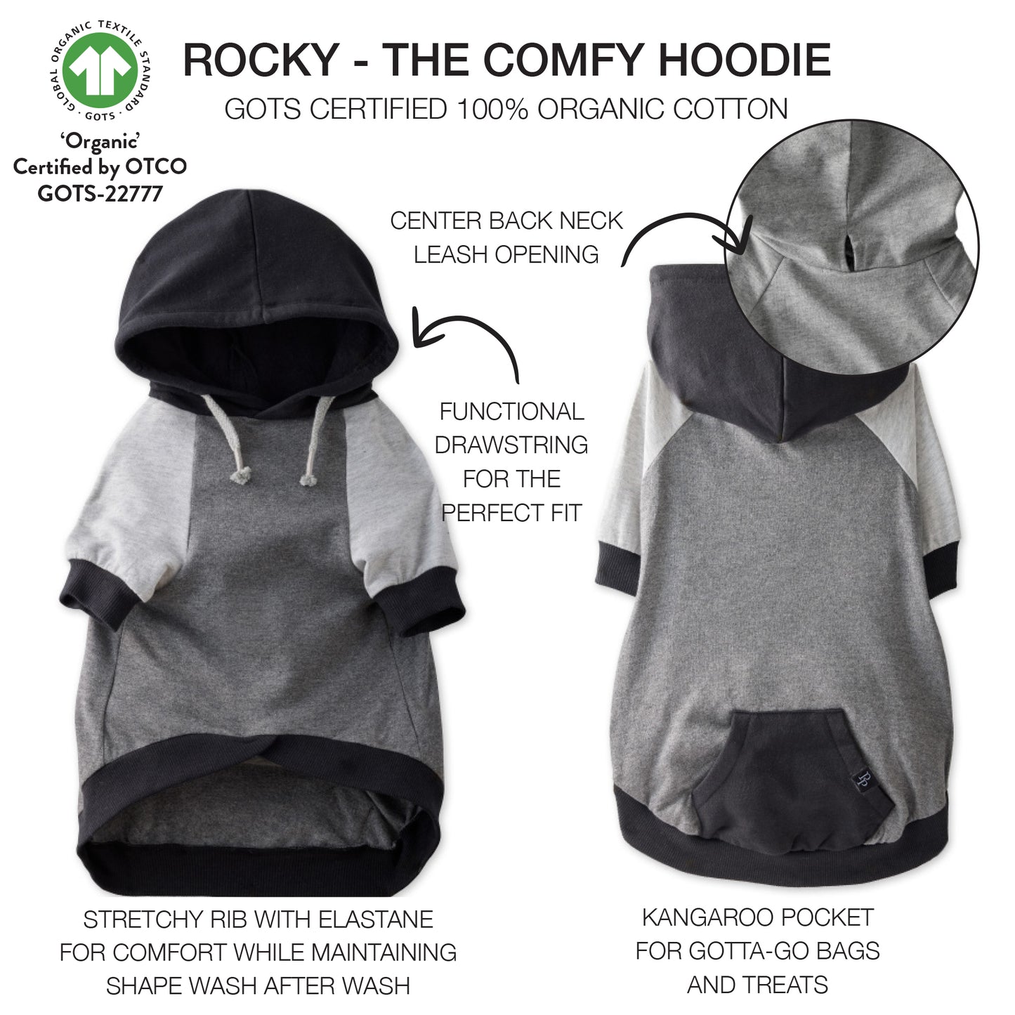 Gray and black hoodie with features highlighted on a white background