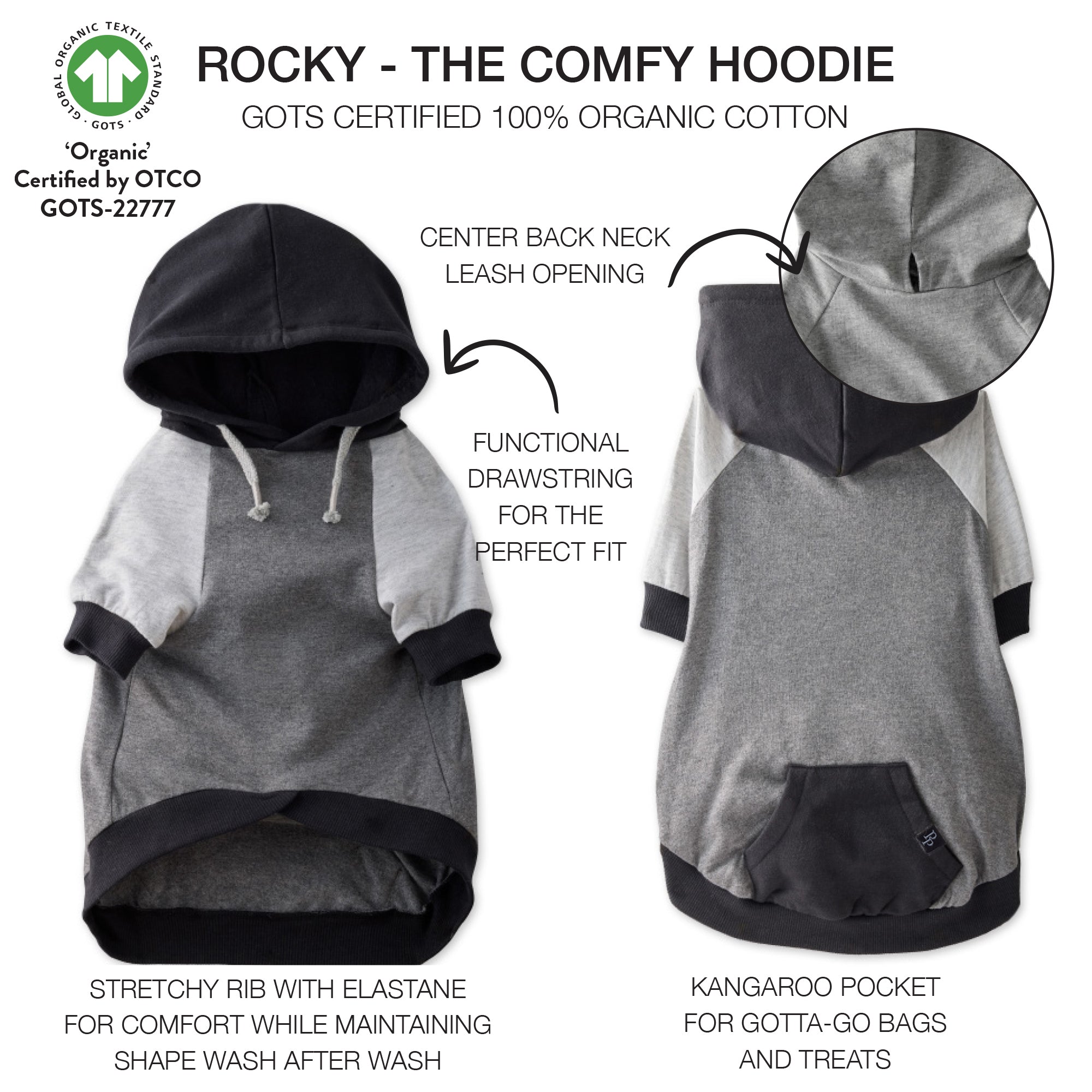 Gray and black hoodie with features highlighted on a white background