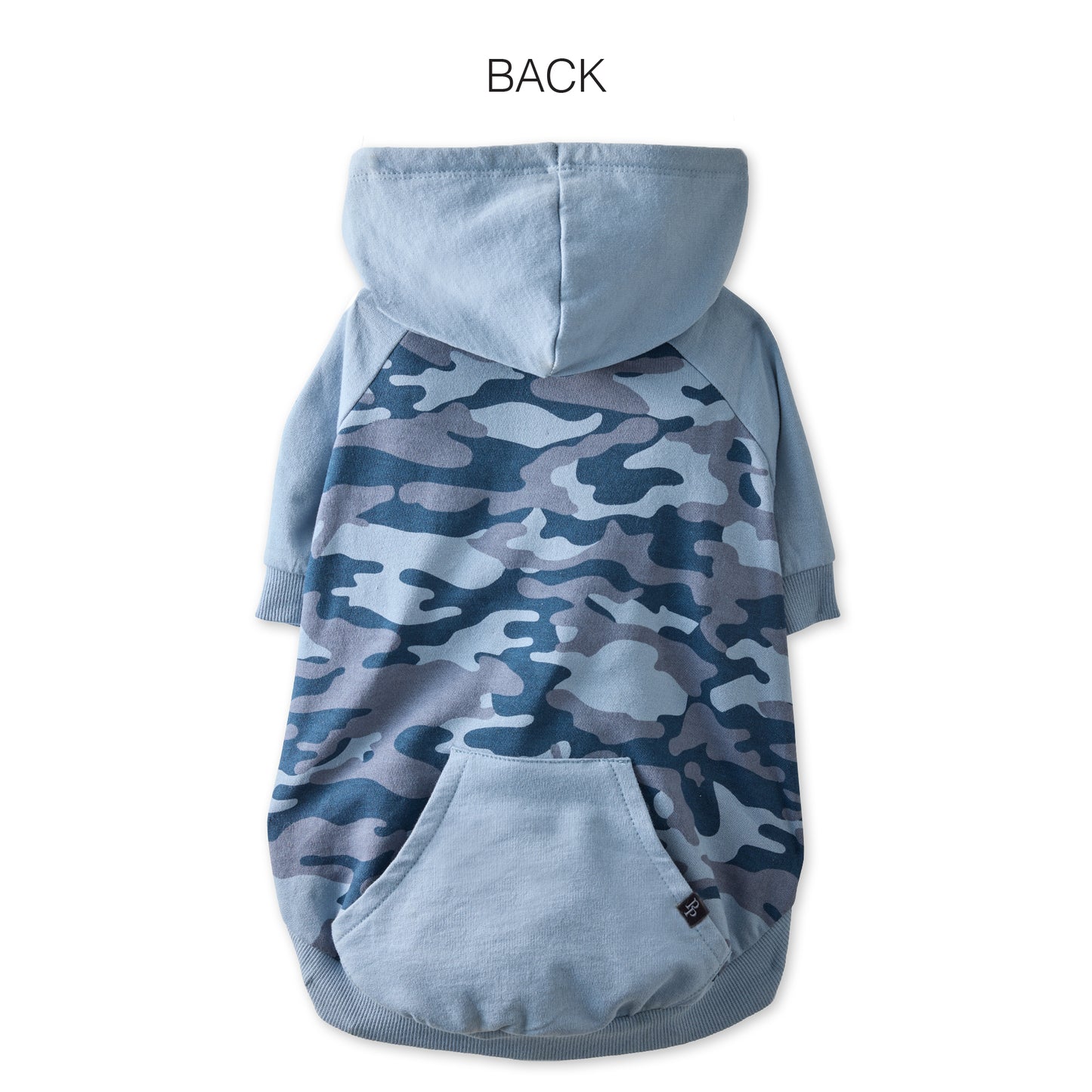 Blue camouflage dog hoodie with a hood on a white background