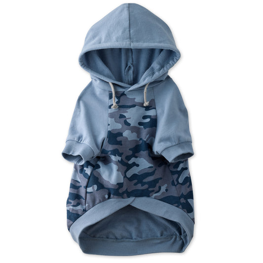 Blue camouflage dog hoodie on a white background