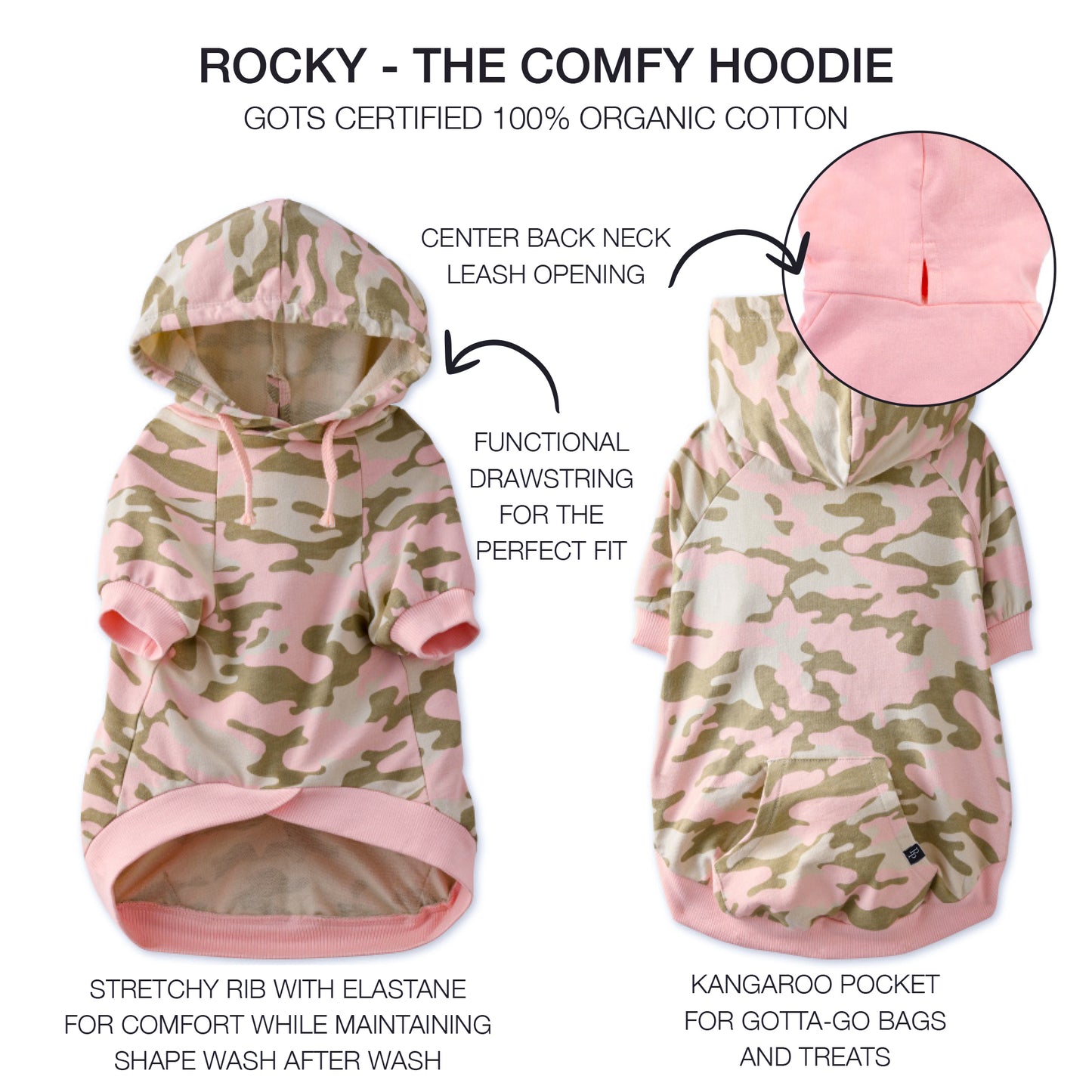 Pet Passion Rocky original lightweight hooded dog tee in Pink Camo — soft organic cotton dog hoodie t-shirt