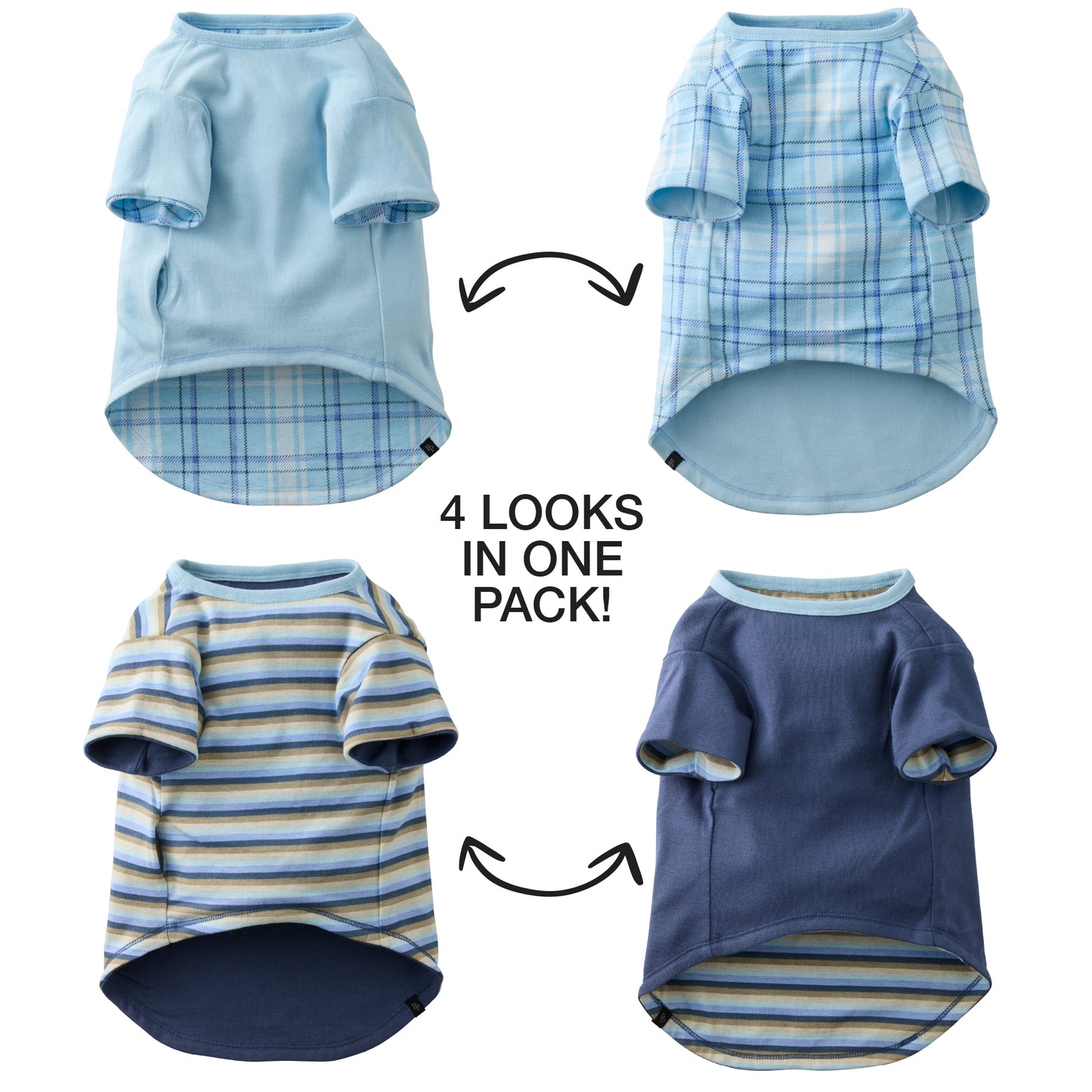 Four different blue pet shirts in various patterns on a white background.