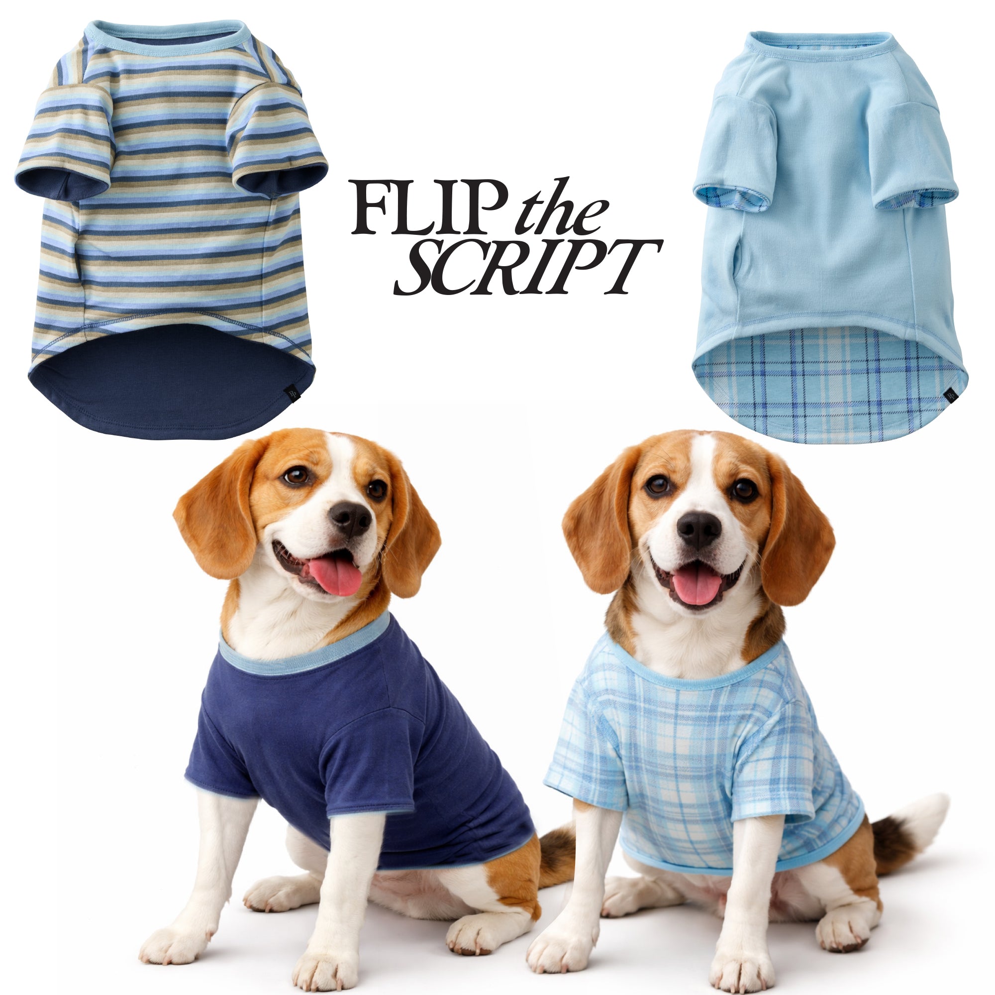 Two dogs wearing blue and striped shirts with 'Flip the Script' text above.