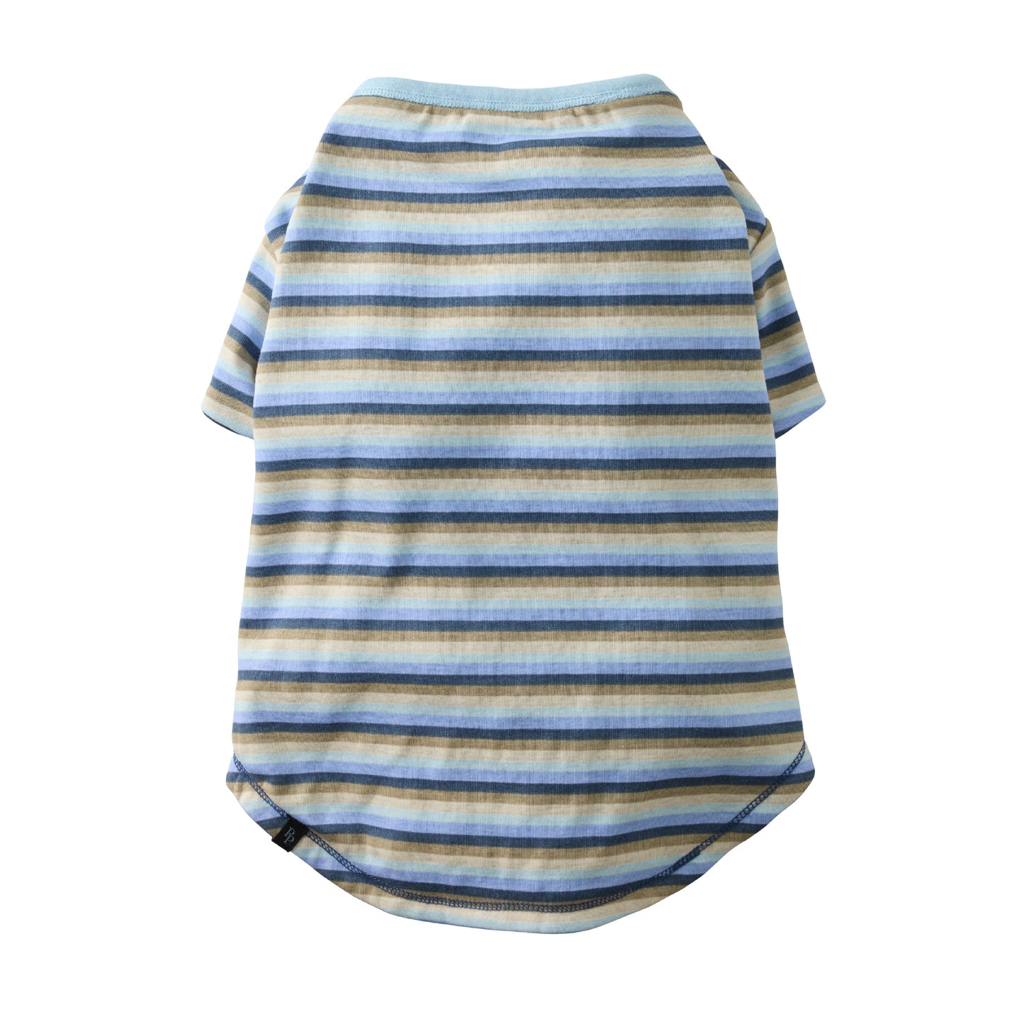 Striped pet shirt with blue and beige pattern on a white background