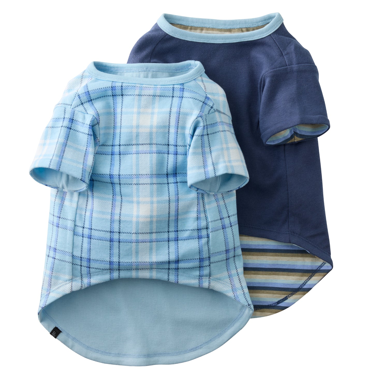 Two blue pet shirts, one plaid and one solid, on a white background