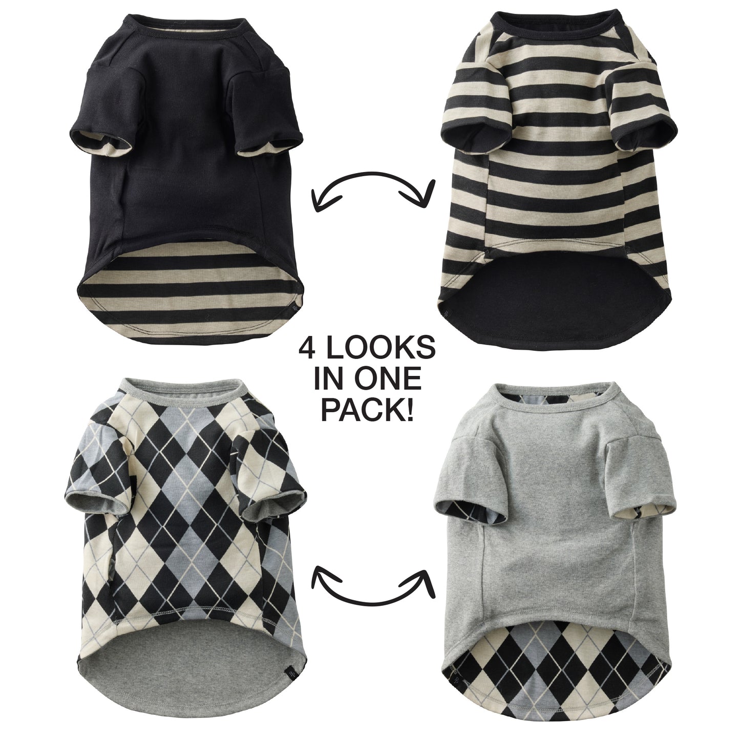 Four different dog shirts in various patterns and colors on a white background.