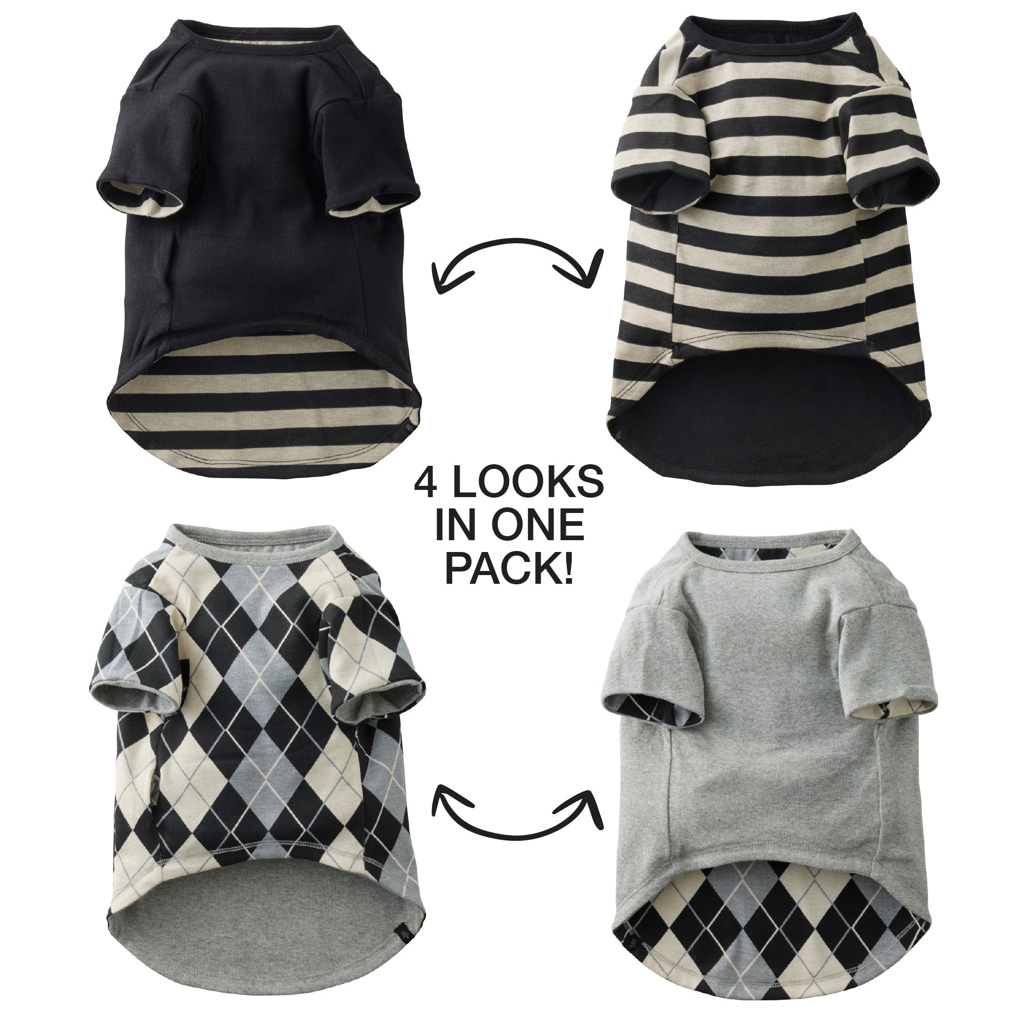 Four different dog shirts in various patterns and colors on a white background.