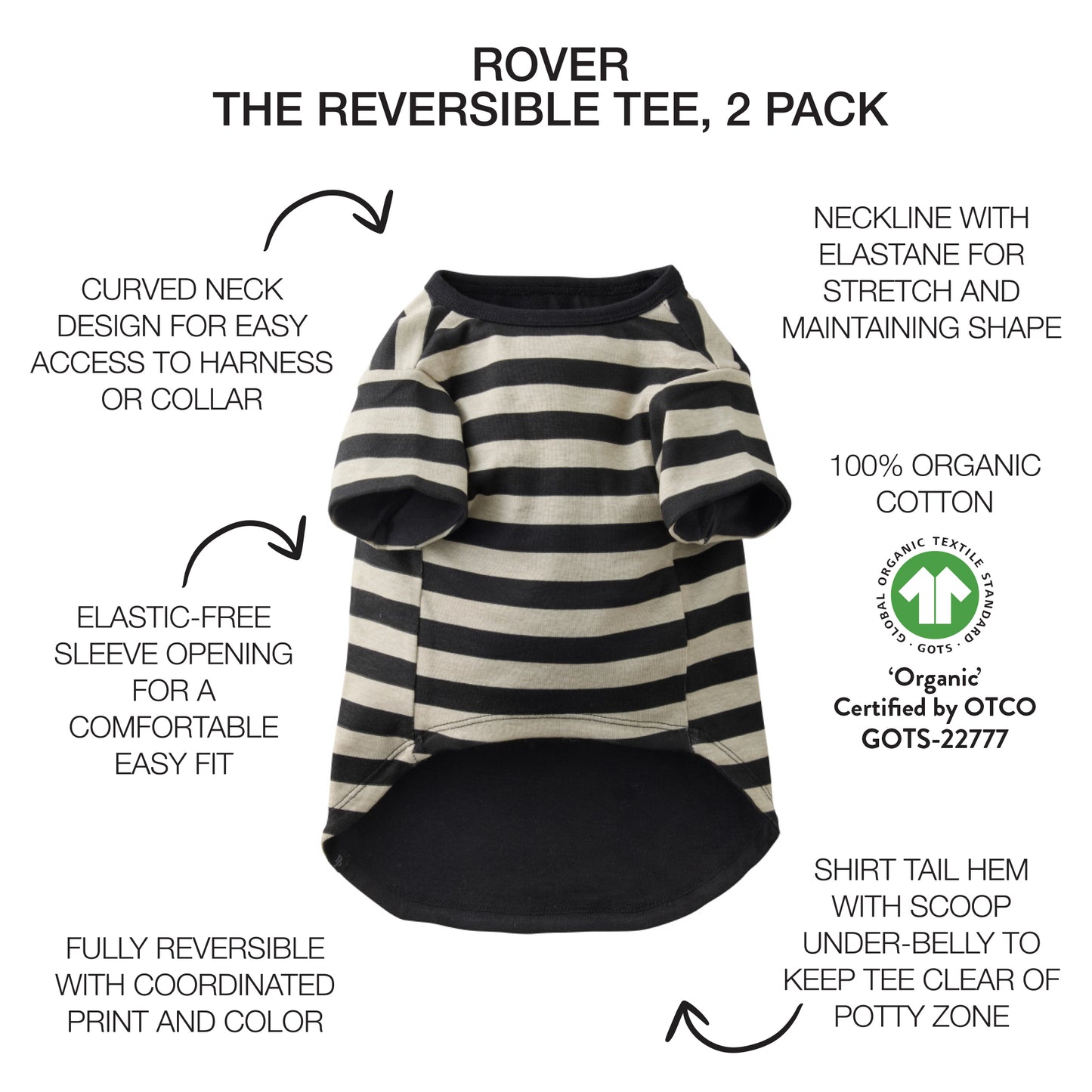 Black and white striped reversible tee for pets with product features listed on a white background.