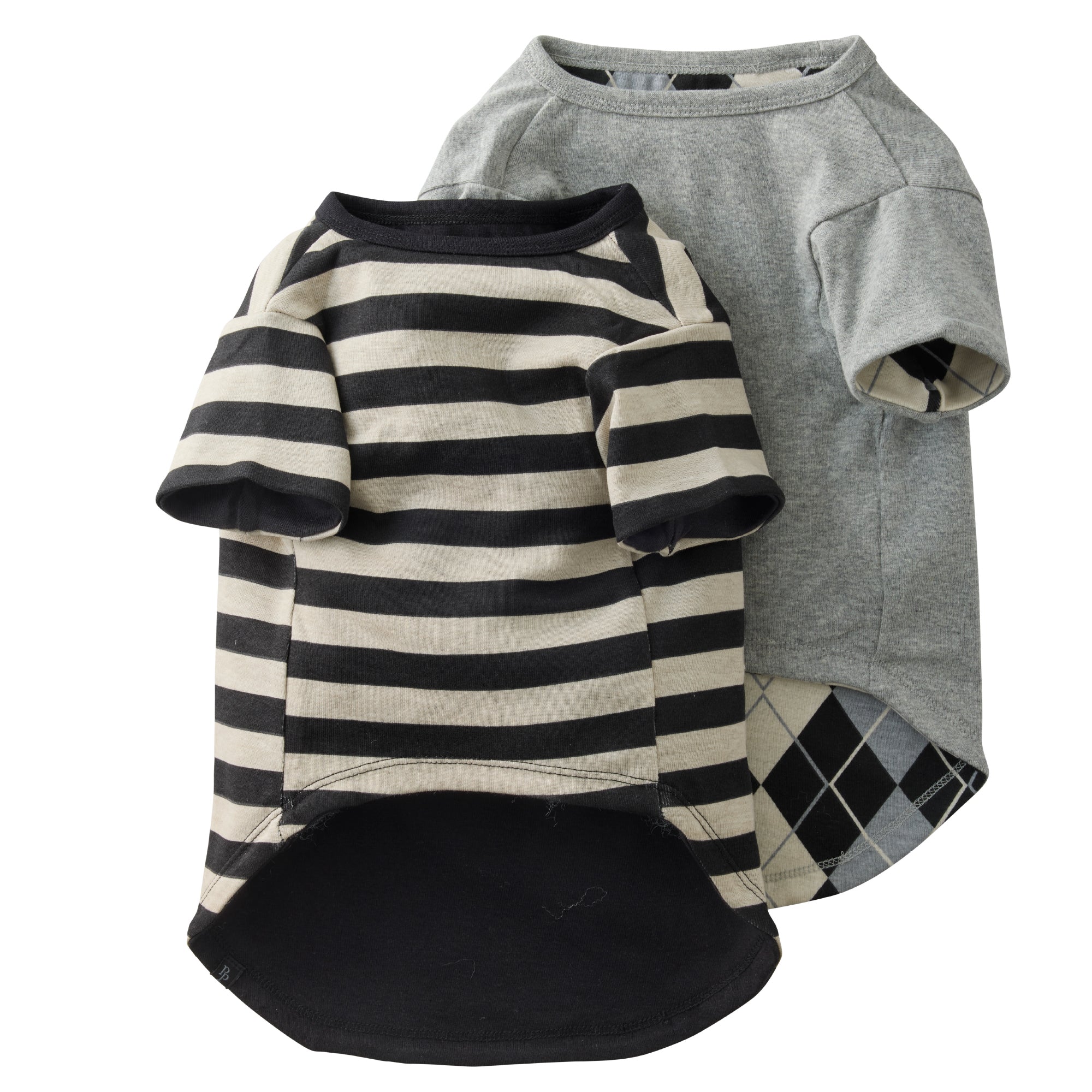 Two pet sweaters, one striped and one solid gray, on a white background.