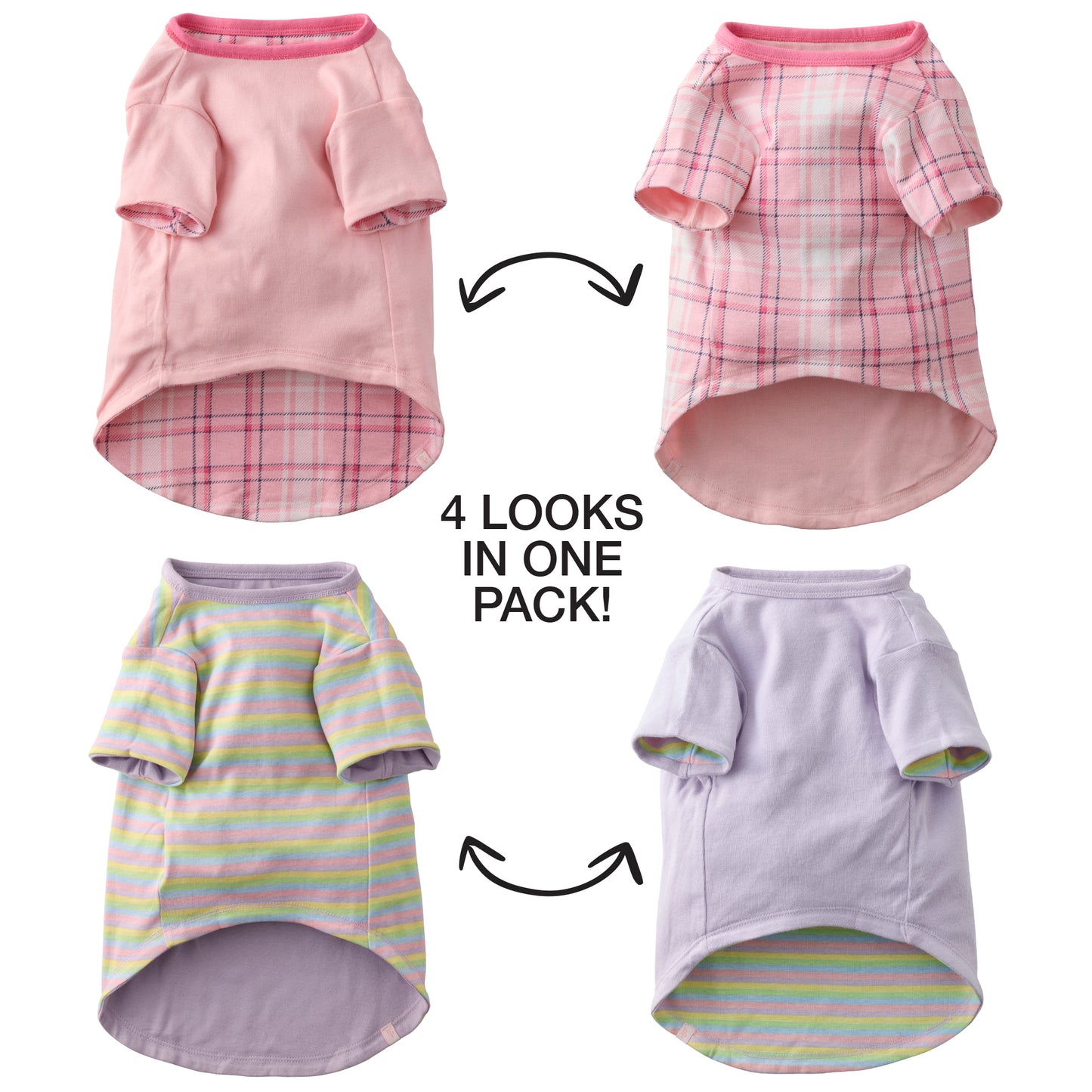Four different dog shirts in various patterns and colors on a white background.