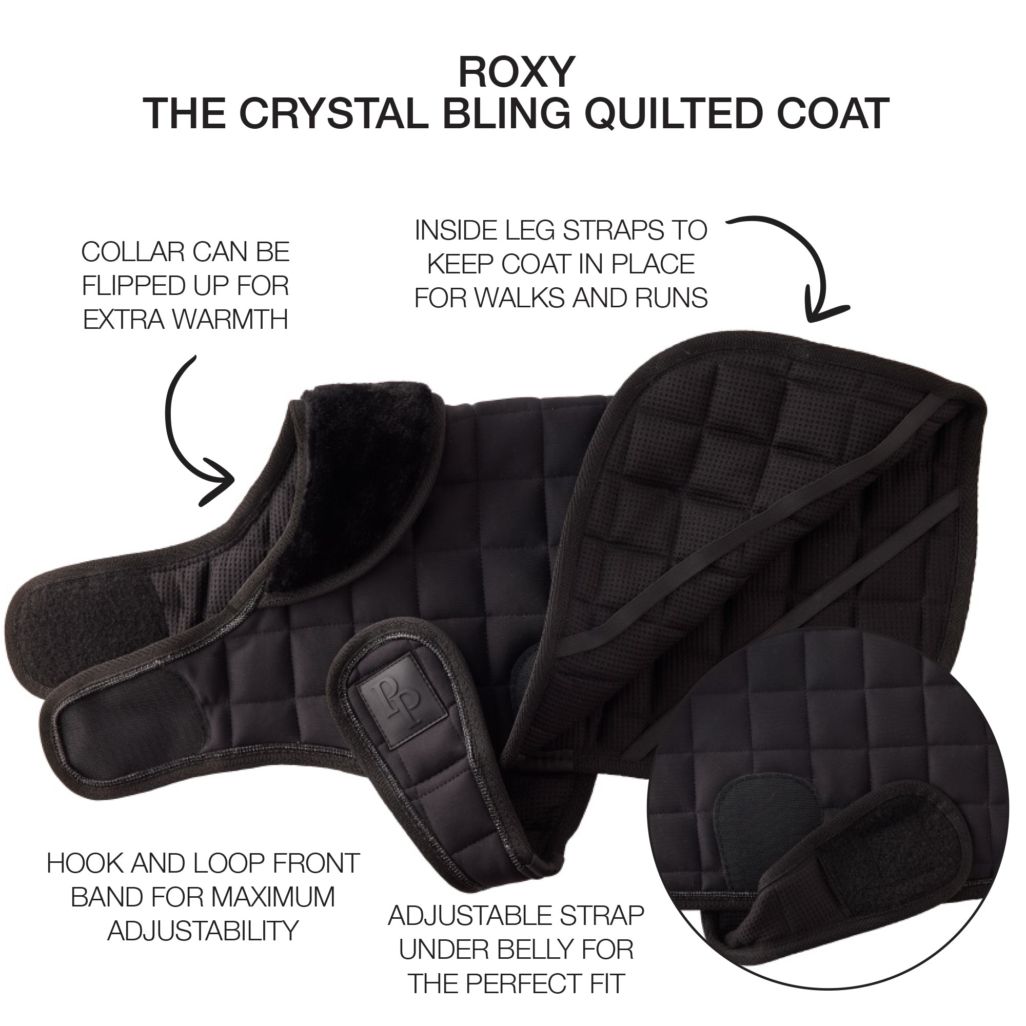 Black quilted coat with features highlighted on a white background