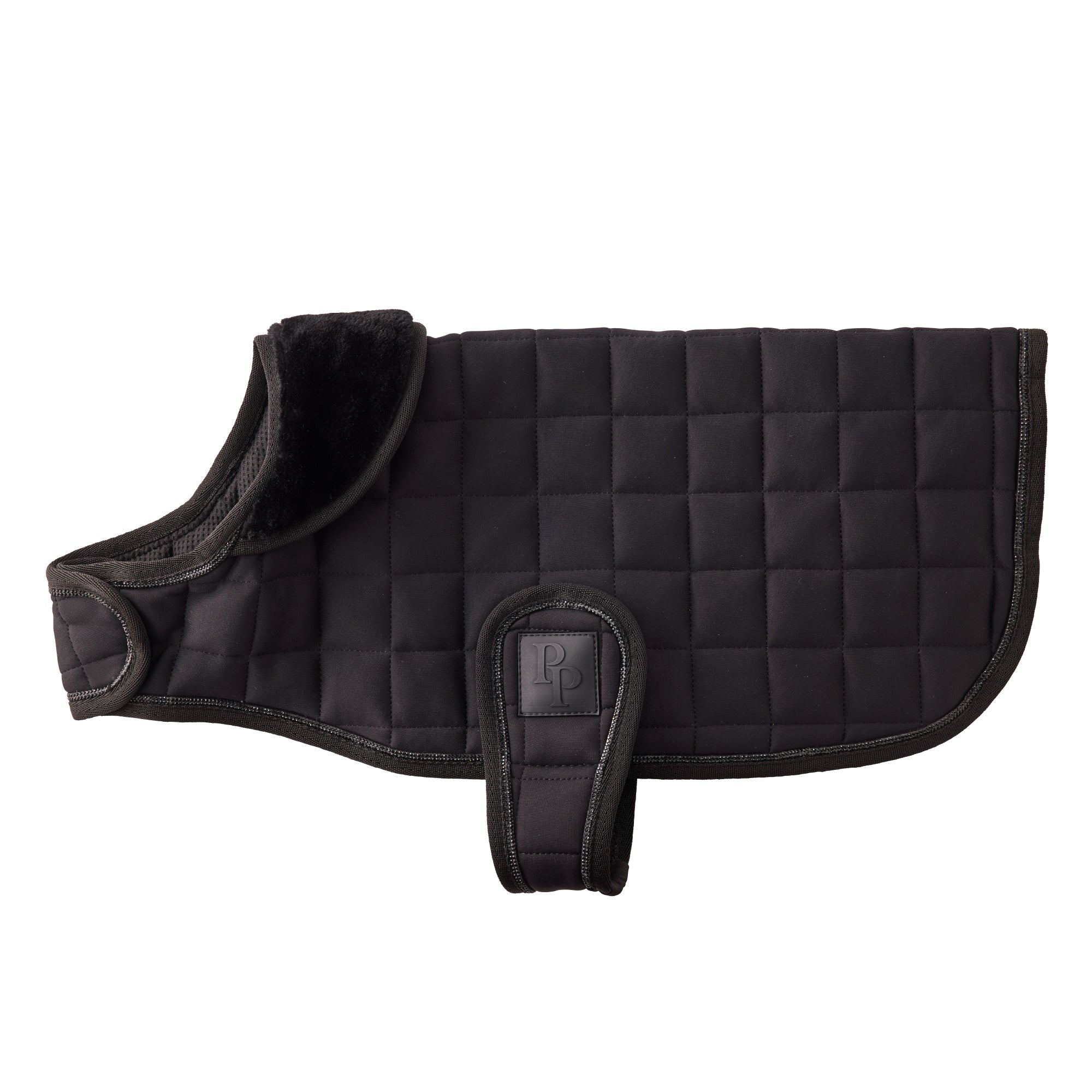 Black quilted dog coat on a white background