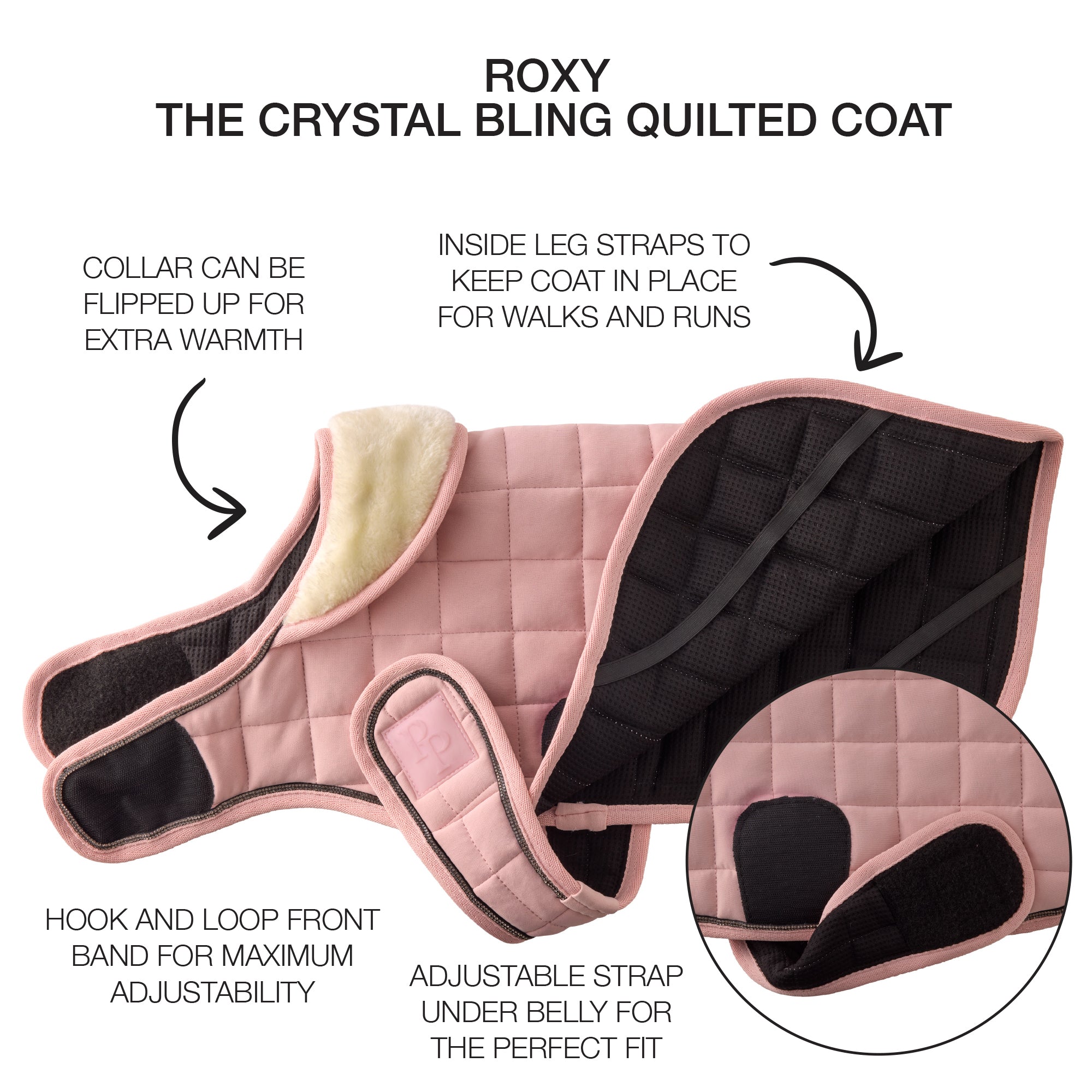 Pink quilted dog coat with features highlighted on a white background