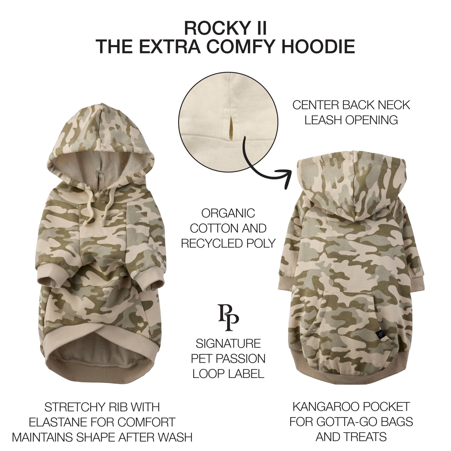 Rocky II the Extra Comfy Hoodie in Camouflage with product descriptions and pet passion loop label