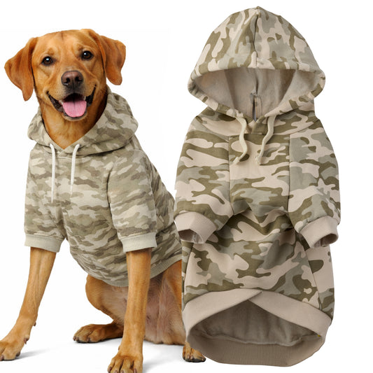 Dog Modeling the Toby II hoodie in camoflauge