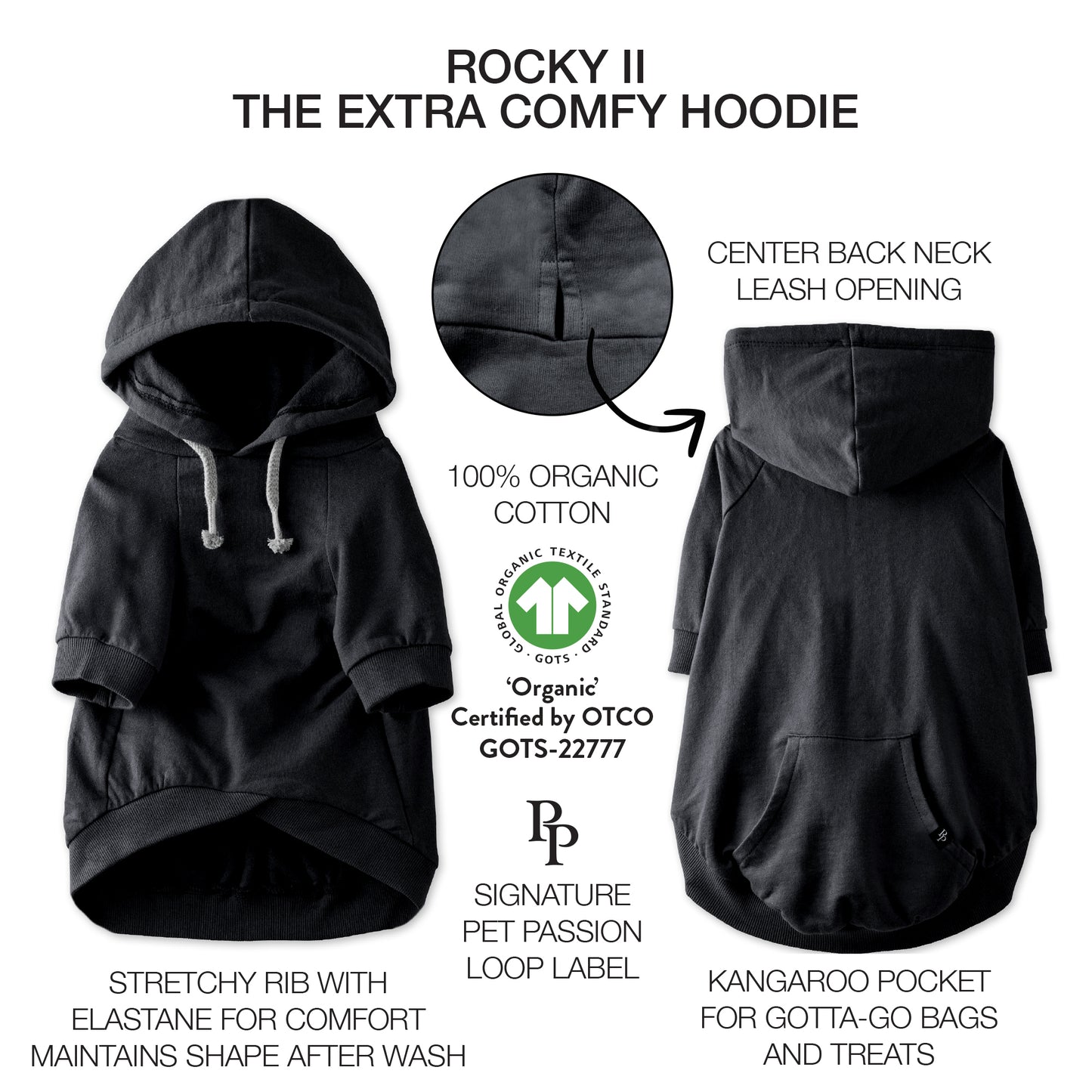 Rocky hoodie, front and back, surrounded by product descriptions and GOTS certifications