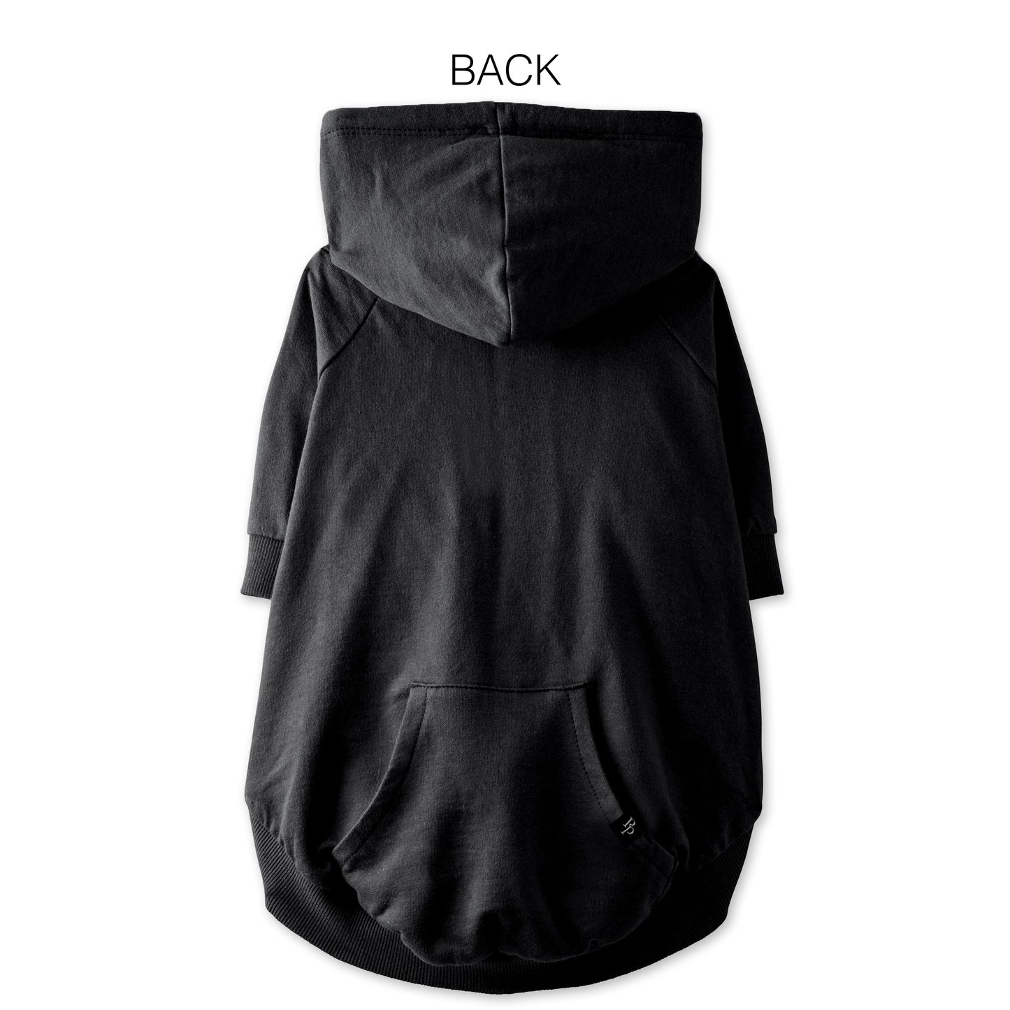 Back of a black dog hoodie on a white background