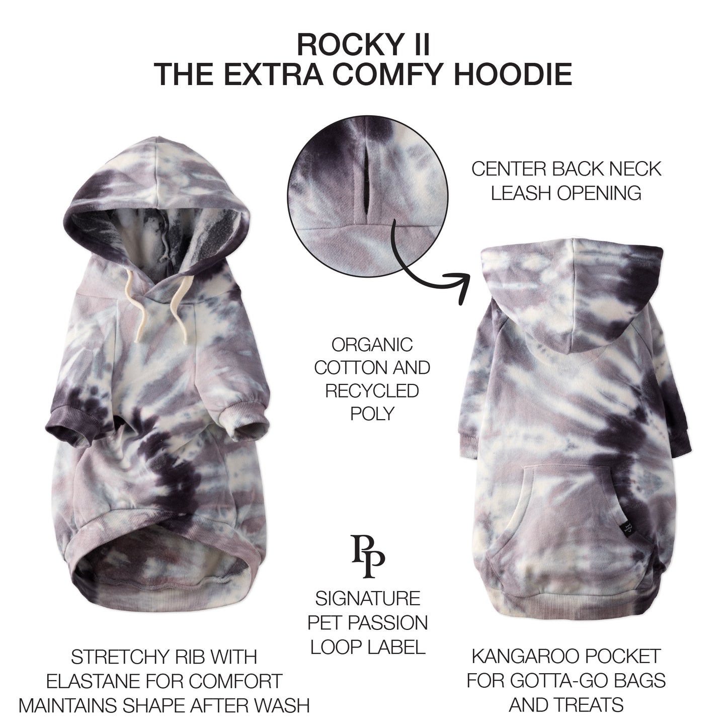 Pet Passion Rocky II extra plush comfy dog hoodie in Black Tie Dye — cozy fleece-lined sweatshirt for small to large dogs