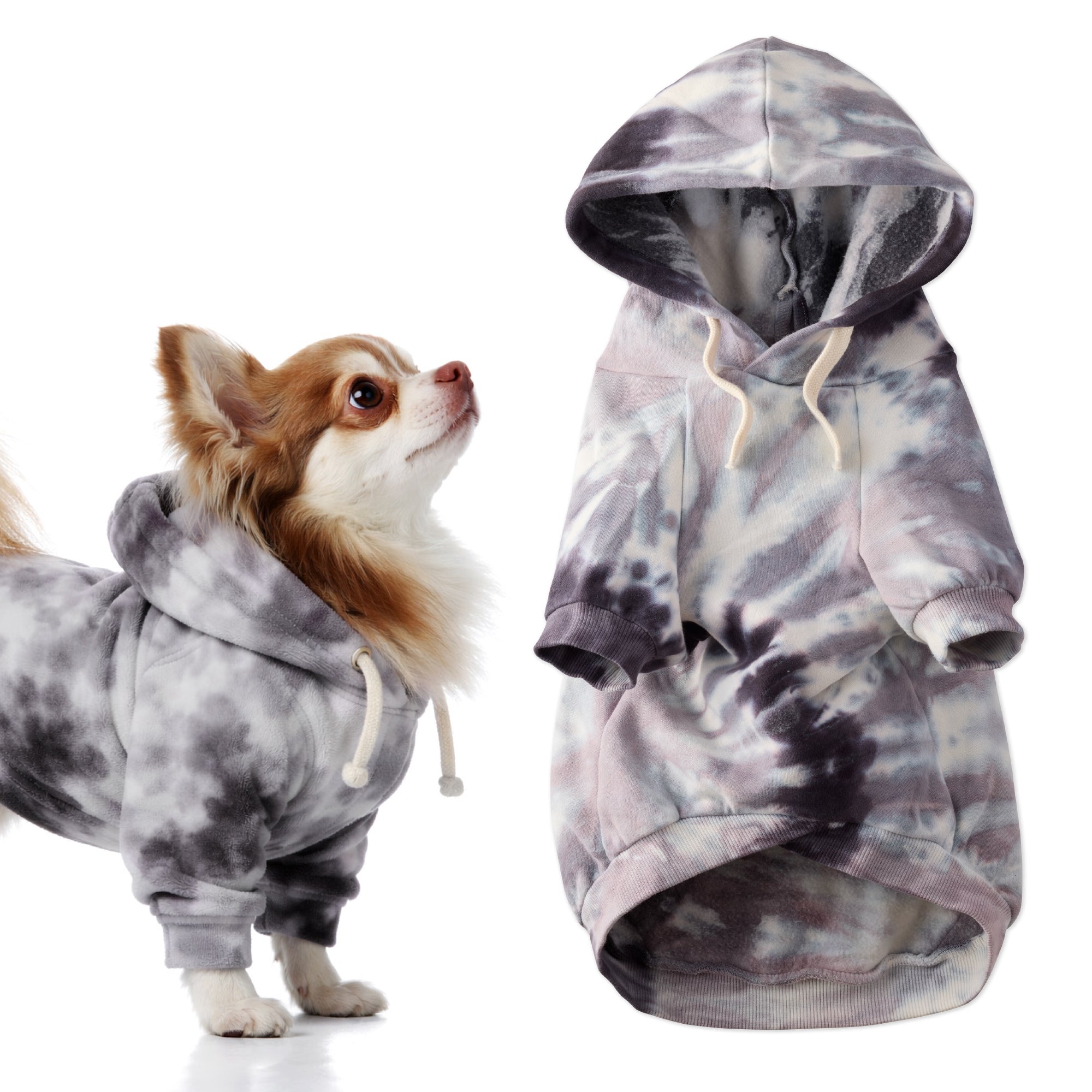 Pet Passion Rocky II extra plush comfy dog hoodie in Black Tie Dye — cozy fleece-lined sweatshirt for small to large dogs