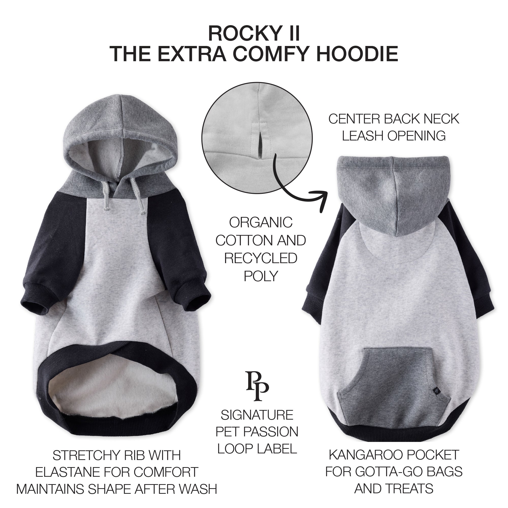 Pet Passion Rocky II extra plush comfy dog hoodie in Heather Gray Color Block — cozy fleece-lined sweatshirt for small to large dogs
