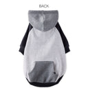 Gray dog hoodie with black sleeves on a white background