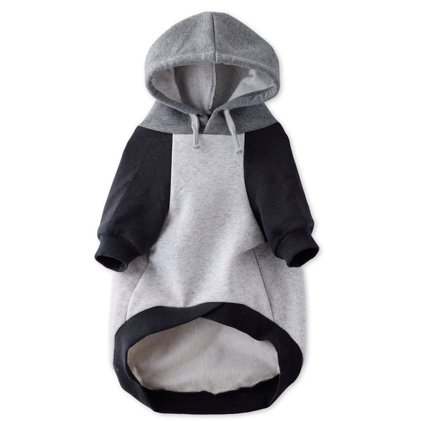 Gray and black dog hoodie on a white background