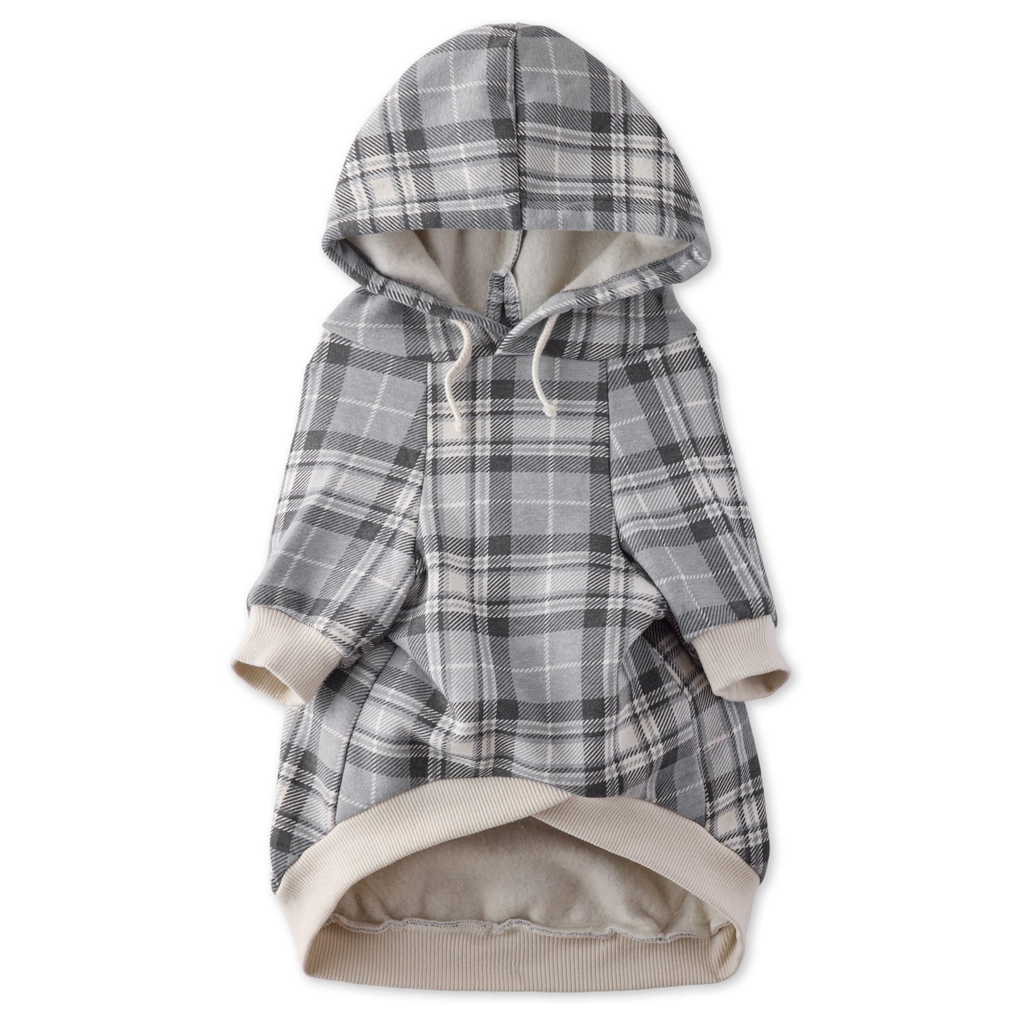Plaid patterned hoodie with beige trim on a white background